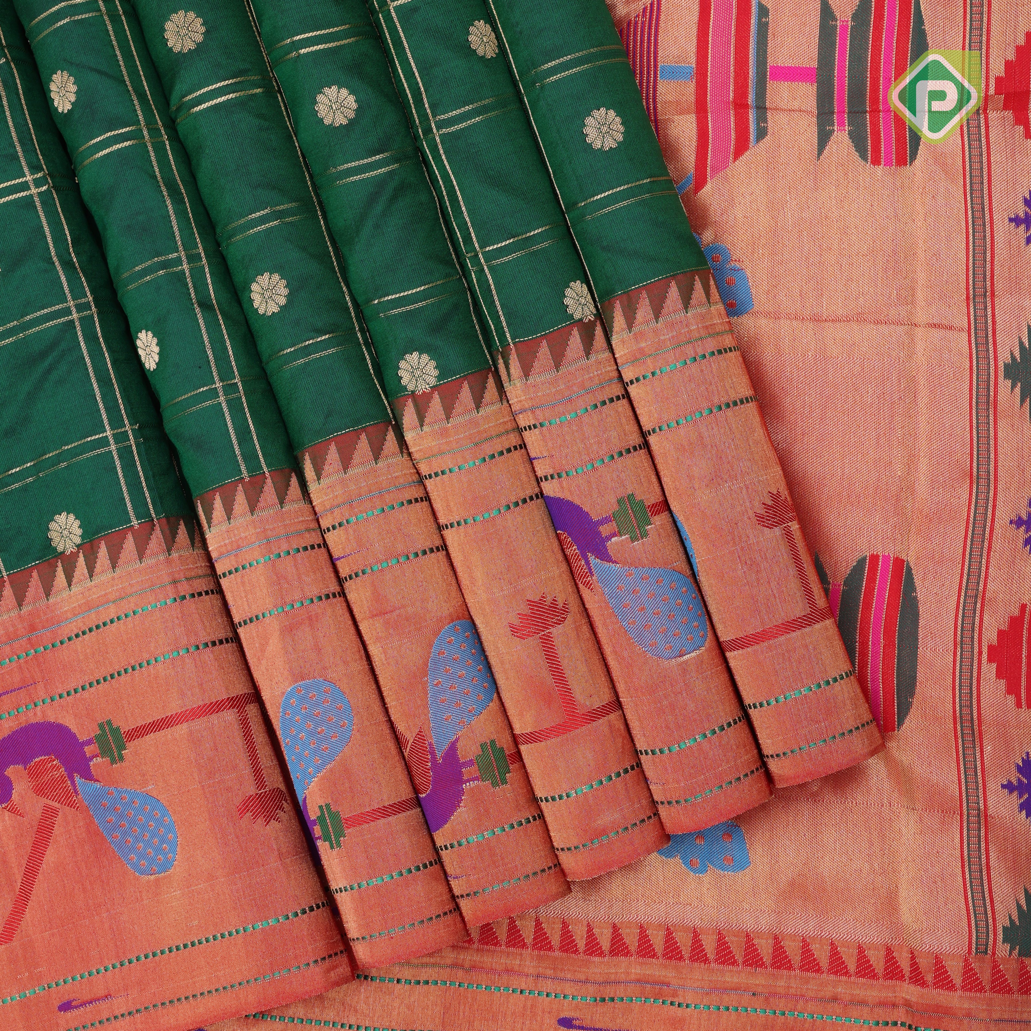 bottle green gold zari double check flower butta self gold zari pythonic border banaras style silk saree