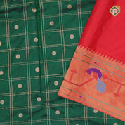 bottle green gold zari double check flower butta self gold zari pythonic border banaras style silk saree