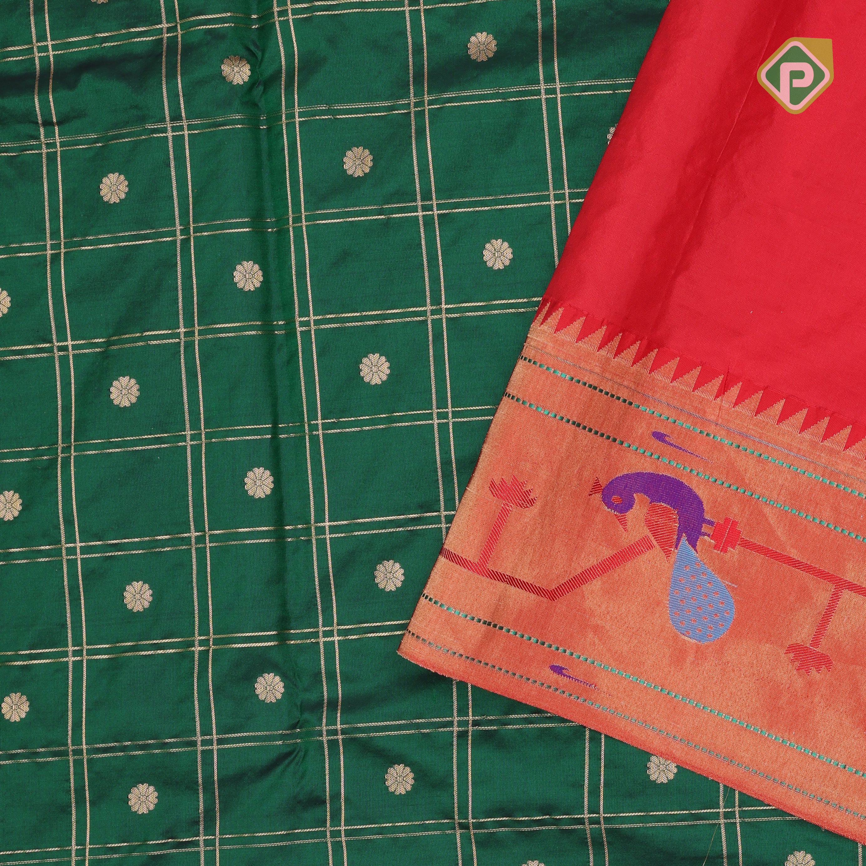 bottle green gold zari double check flower butta self gold zari pythonic border banaras style silk saree