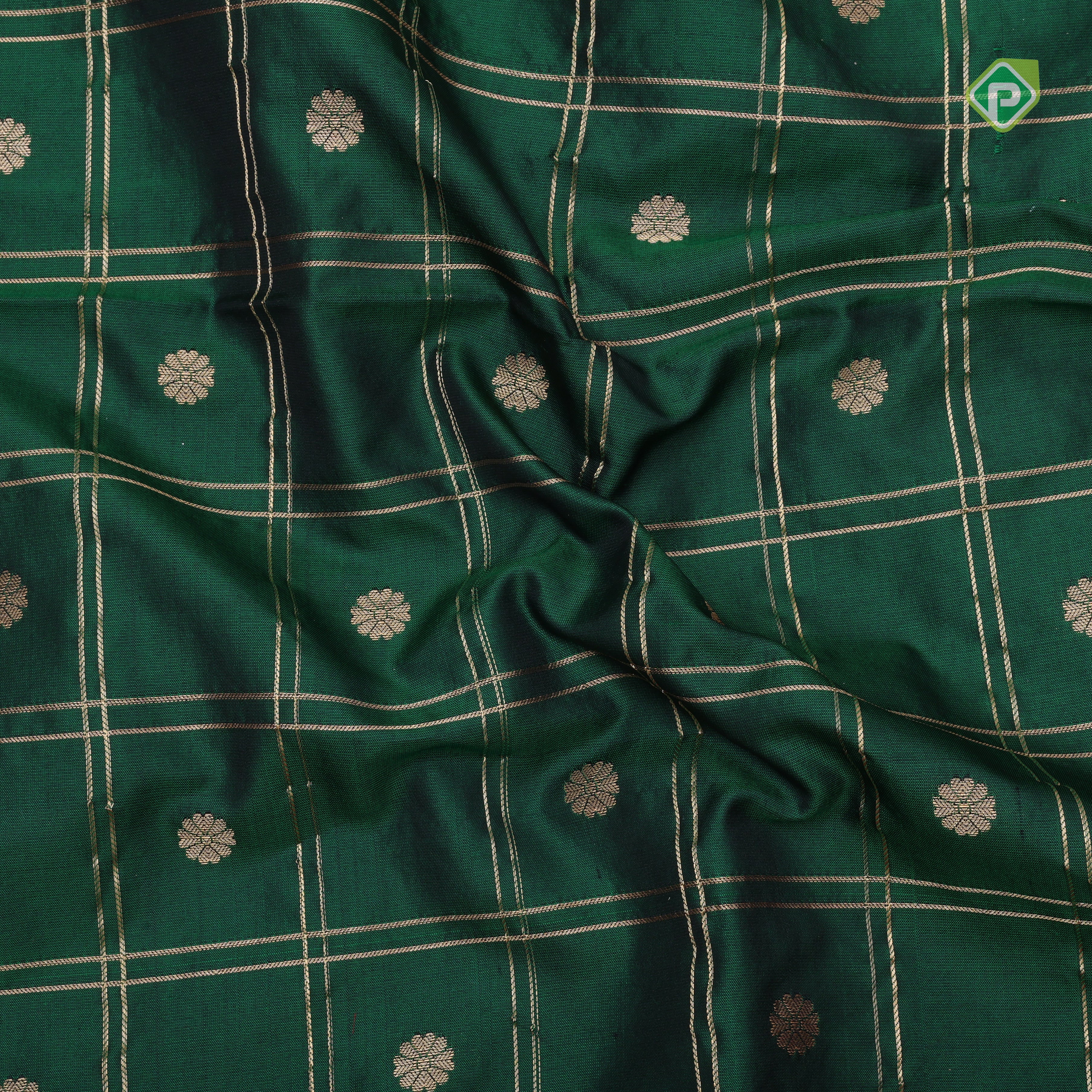 bottle green gold zari double check flower butta self gold zari pythonic border banaras style silk saree