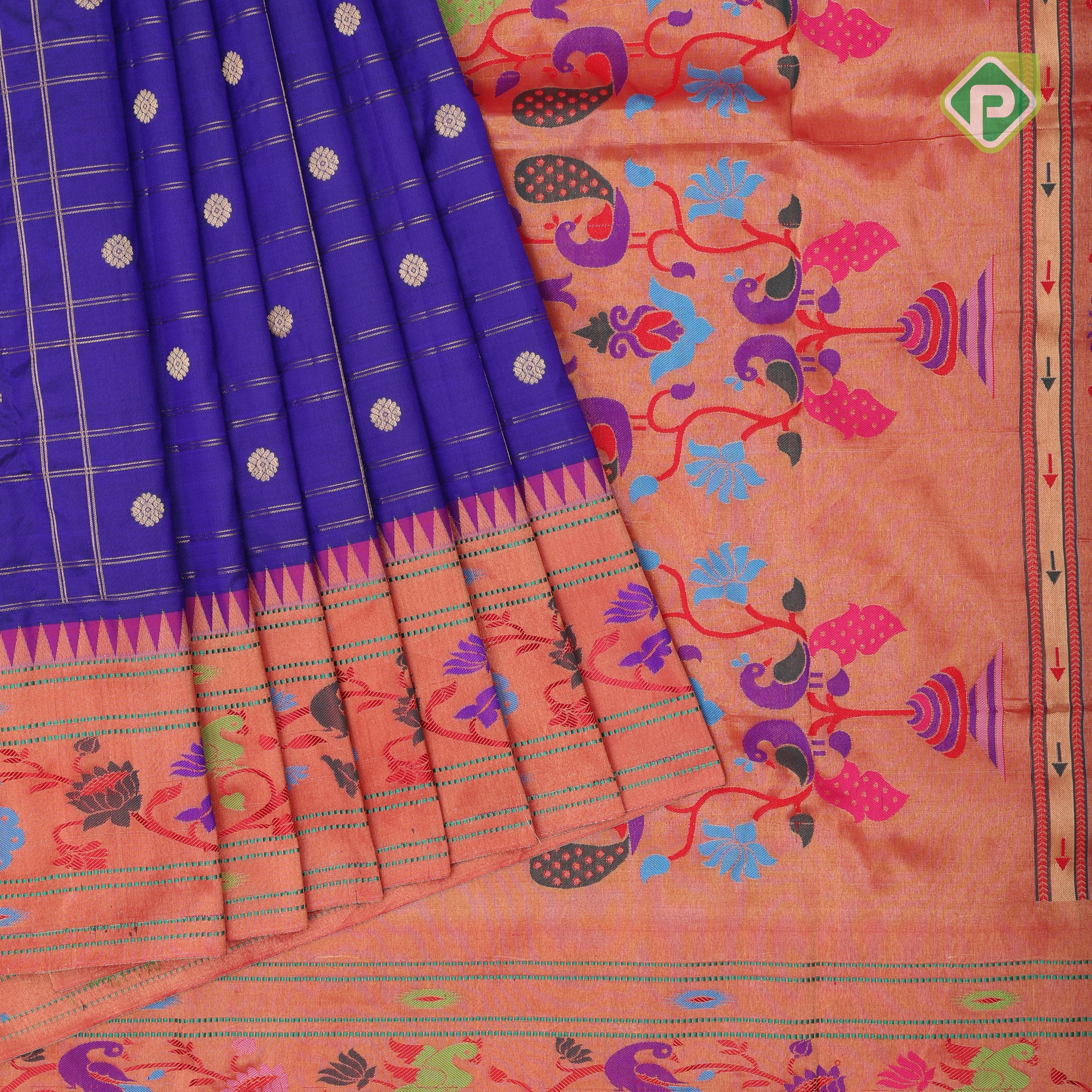 Indigo blue gold zari double check flower butta Red gold zari pythonic border banaras style silk saree