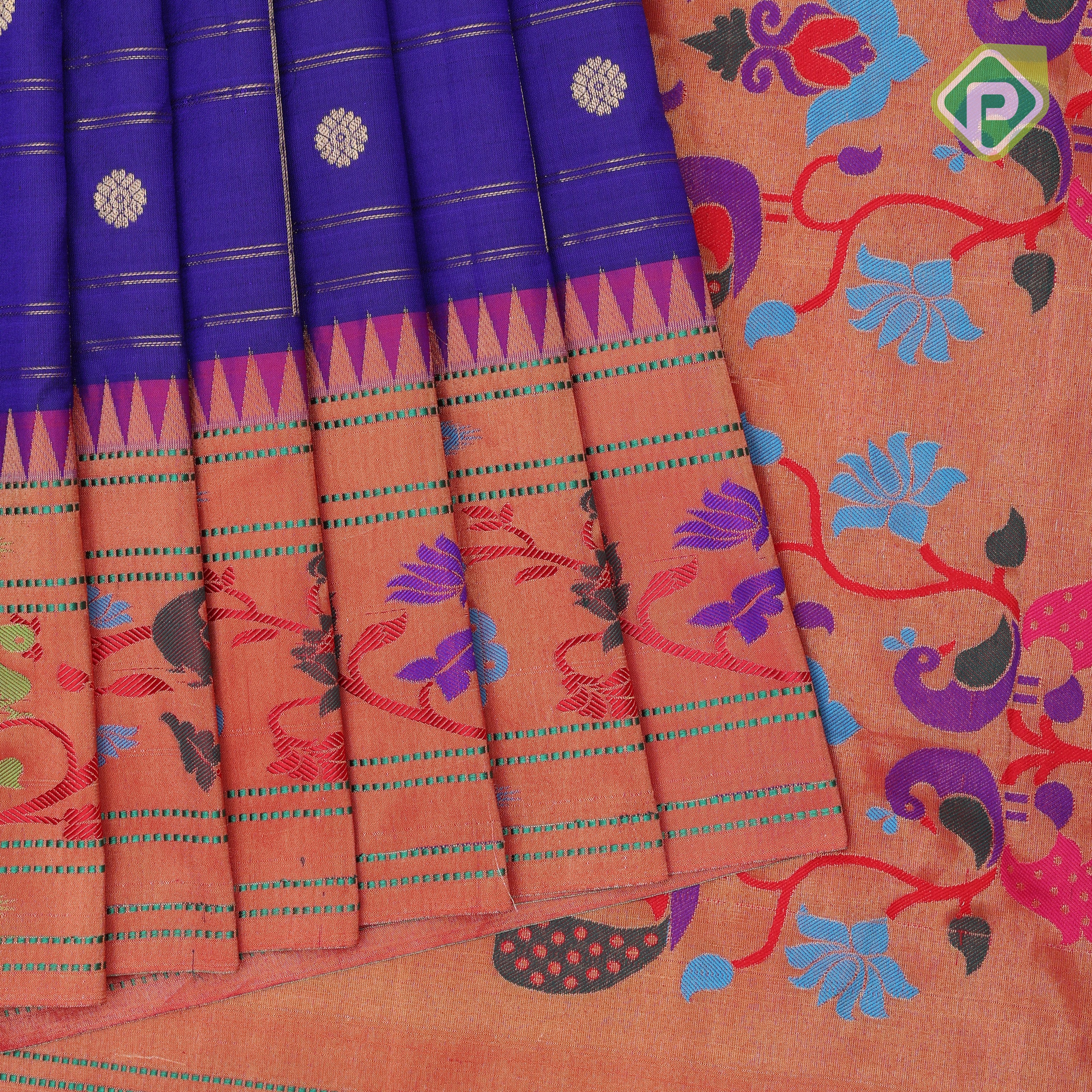 Indigo blue gold zari double check flower butta Red gold zari pythonic border banaras style silk saree
