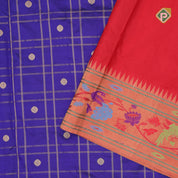 Indigo blue gold zari double check flower butta Red gold zari pythonic border banaras style silk saree