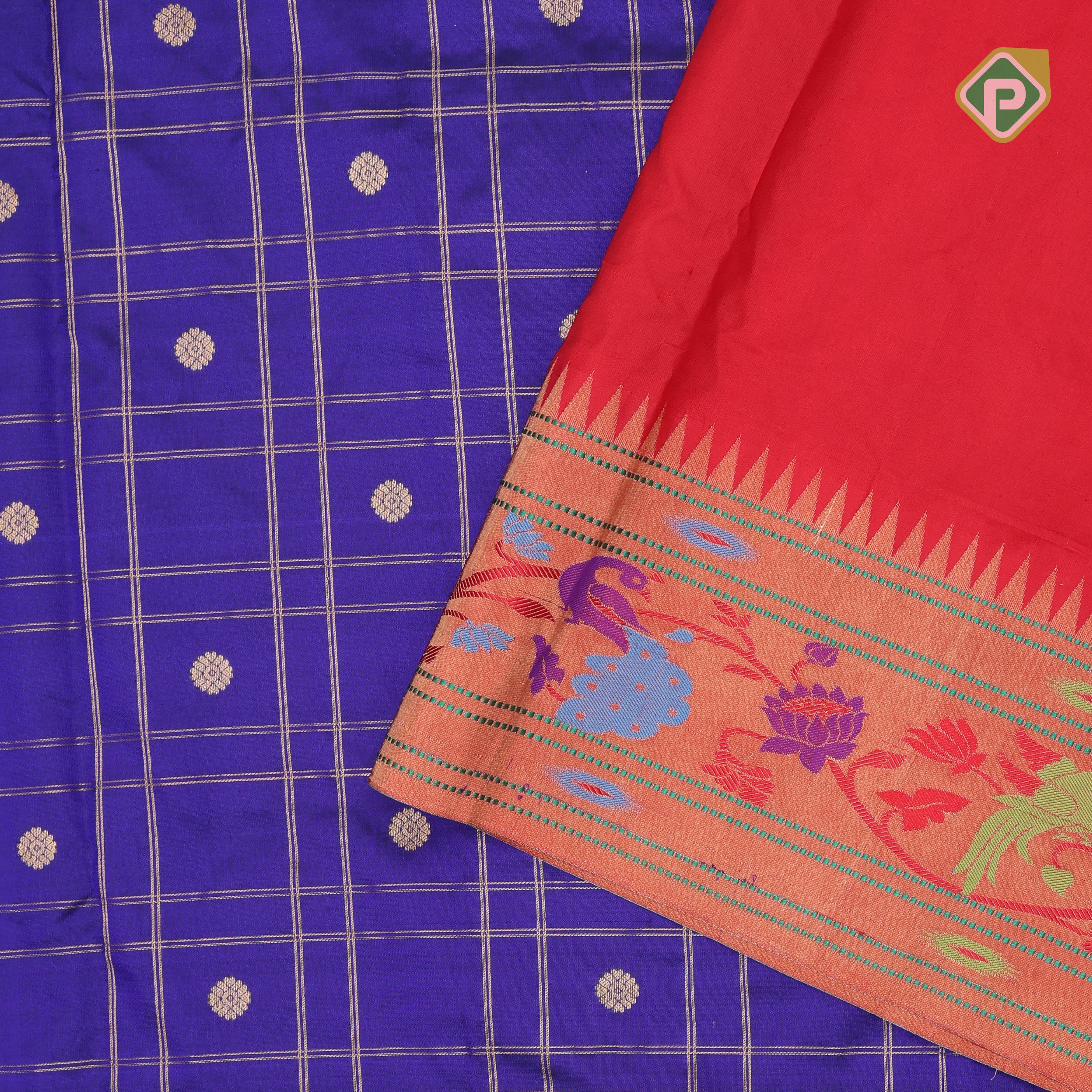 Indigo blue gold zari double check flower butta Red gold zari pythonic border banaras style silk saree