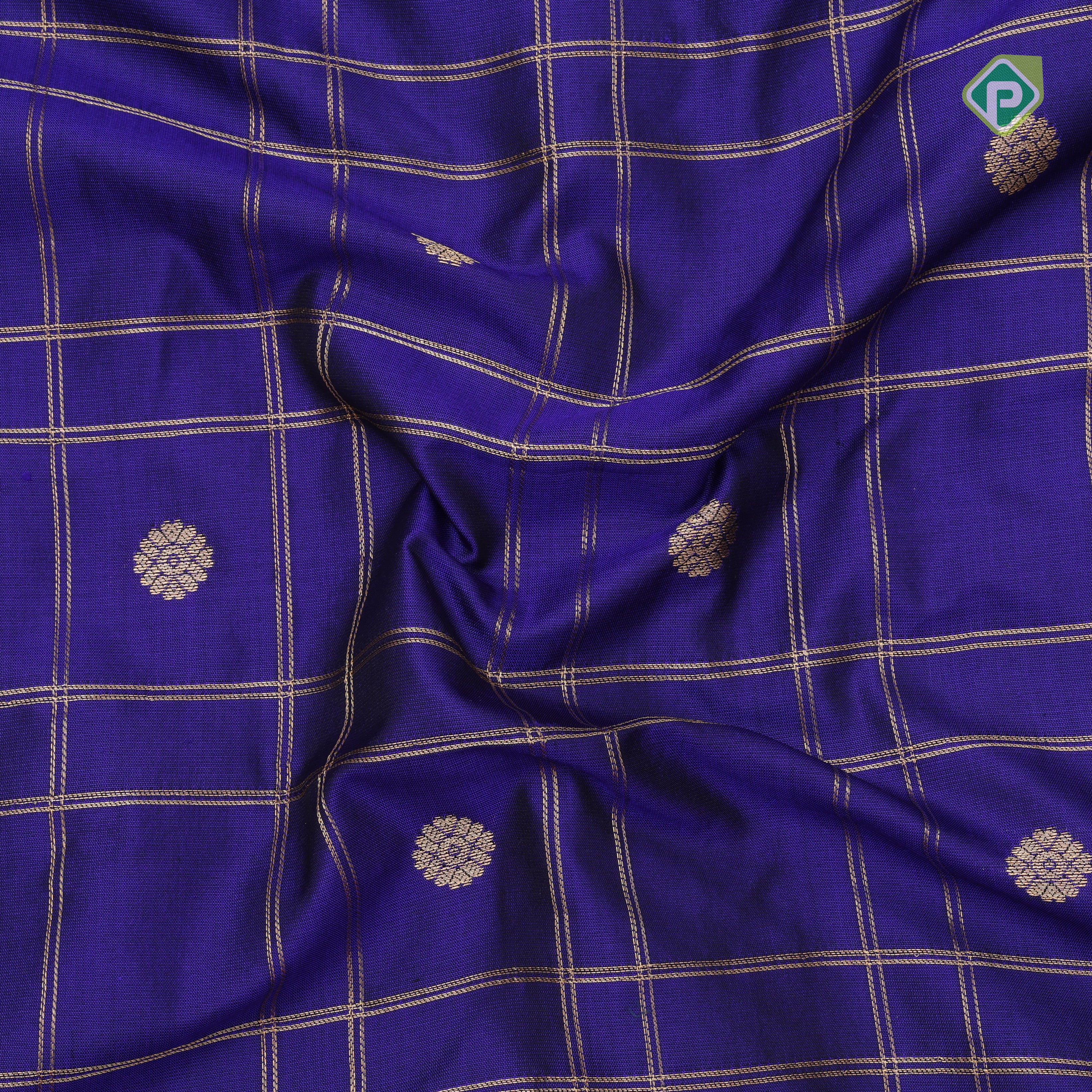 Indigo blue gold zari double check flower butta Red gold zari pythonic border banaras style silk saree