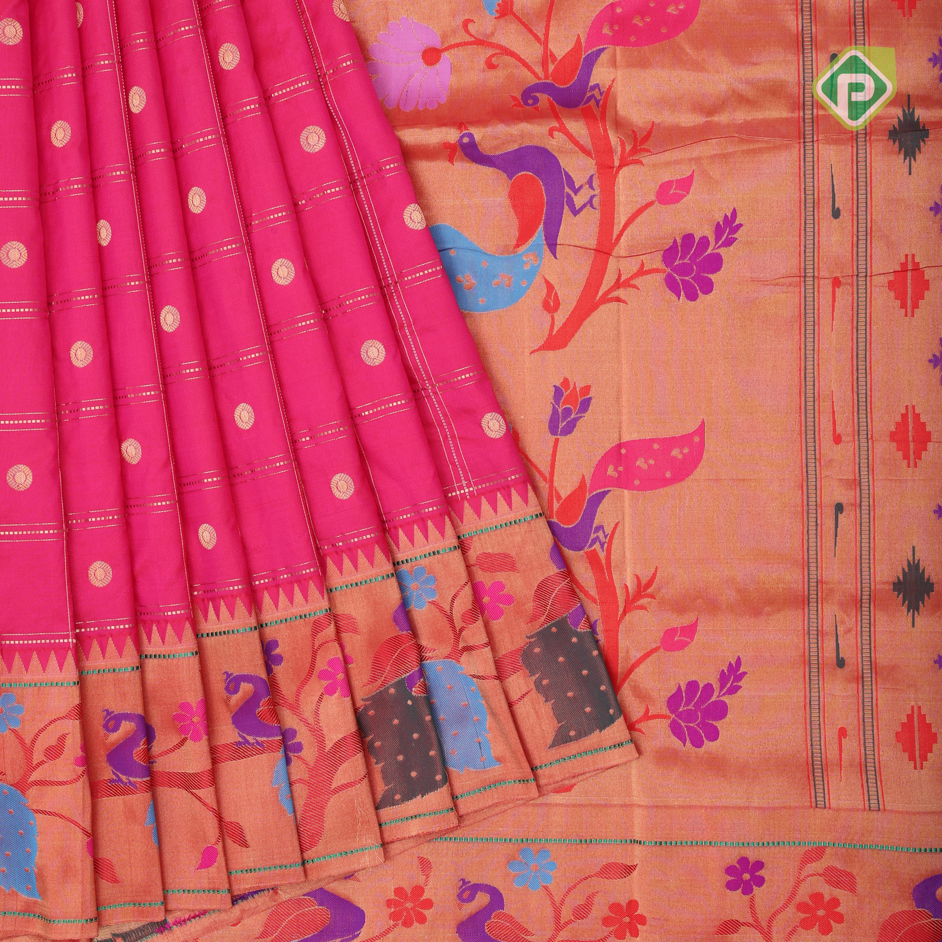 pink gold zari double check flower butta Red gold zari pythonic border banaras style silk saree