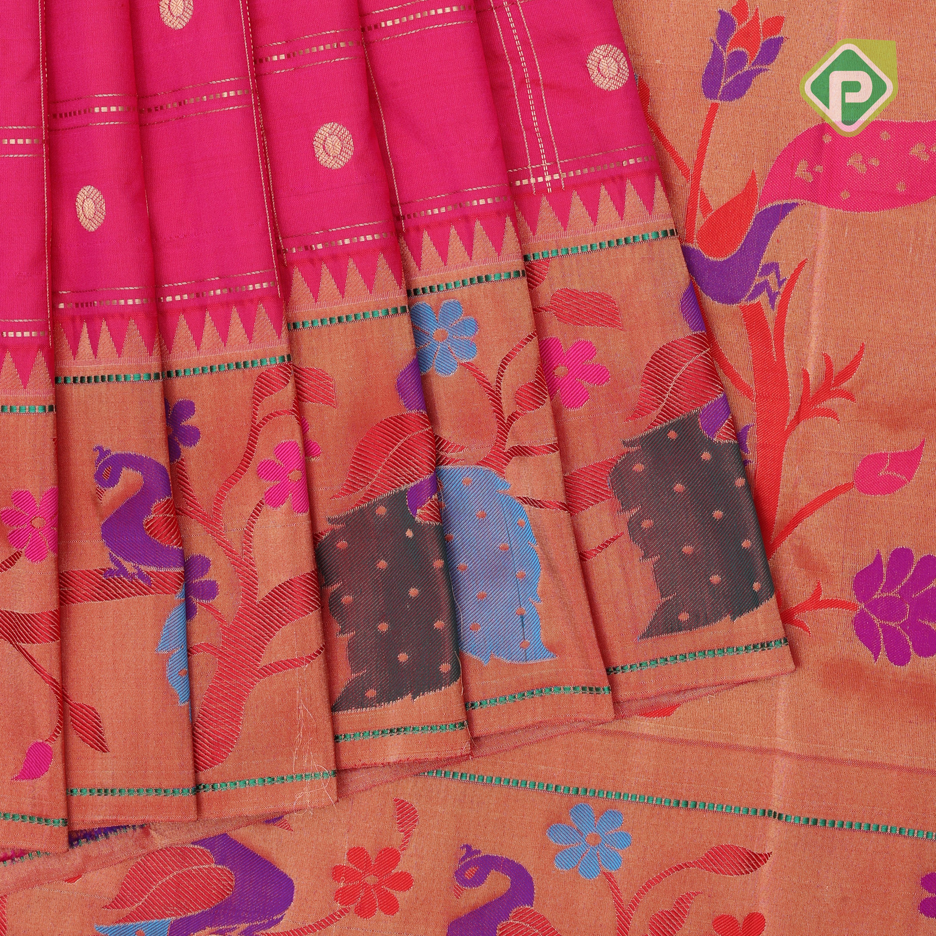 pink gold zari double check flower butta Red gold zari pythonic border banaras style silk saree