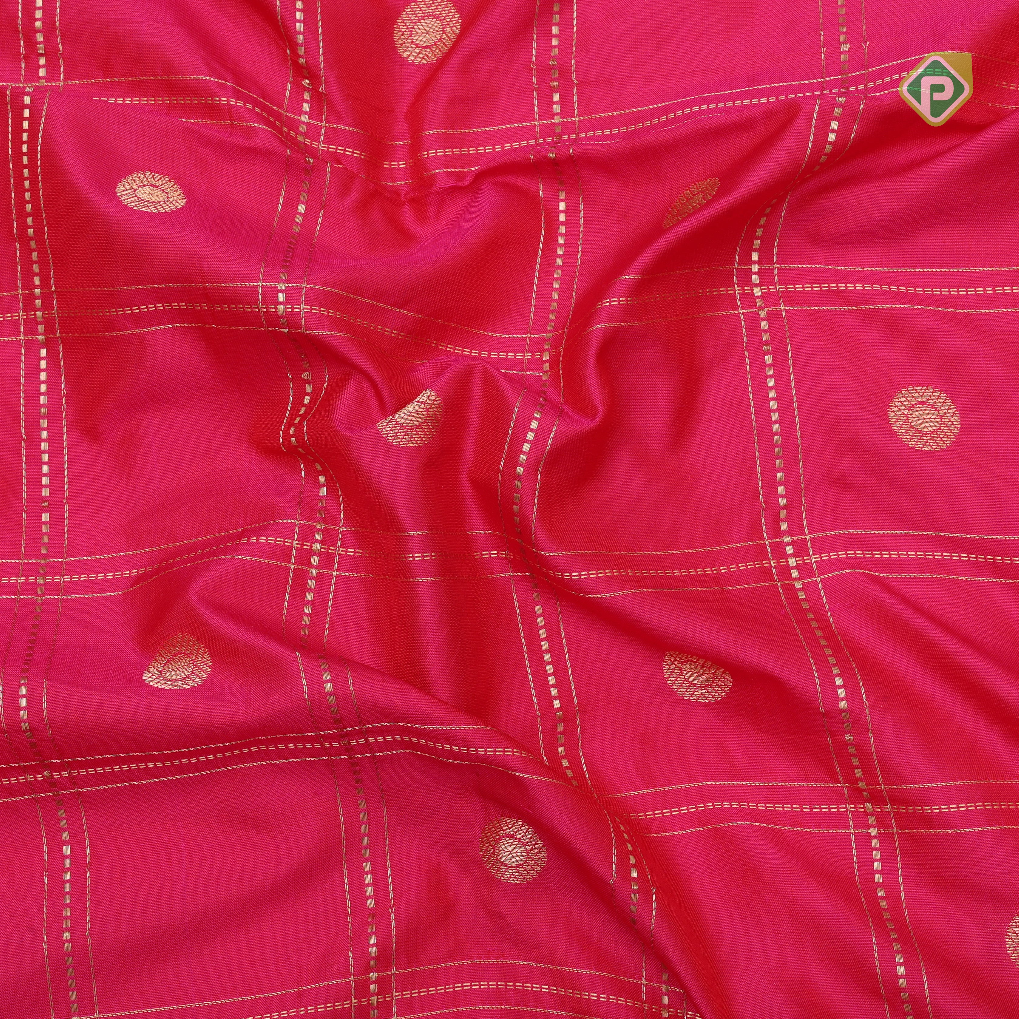 pink gold zari double check flower butta Red gold zari pythonic border banaras style silk saree