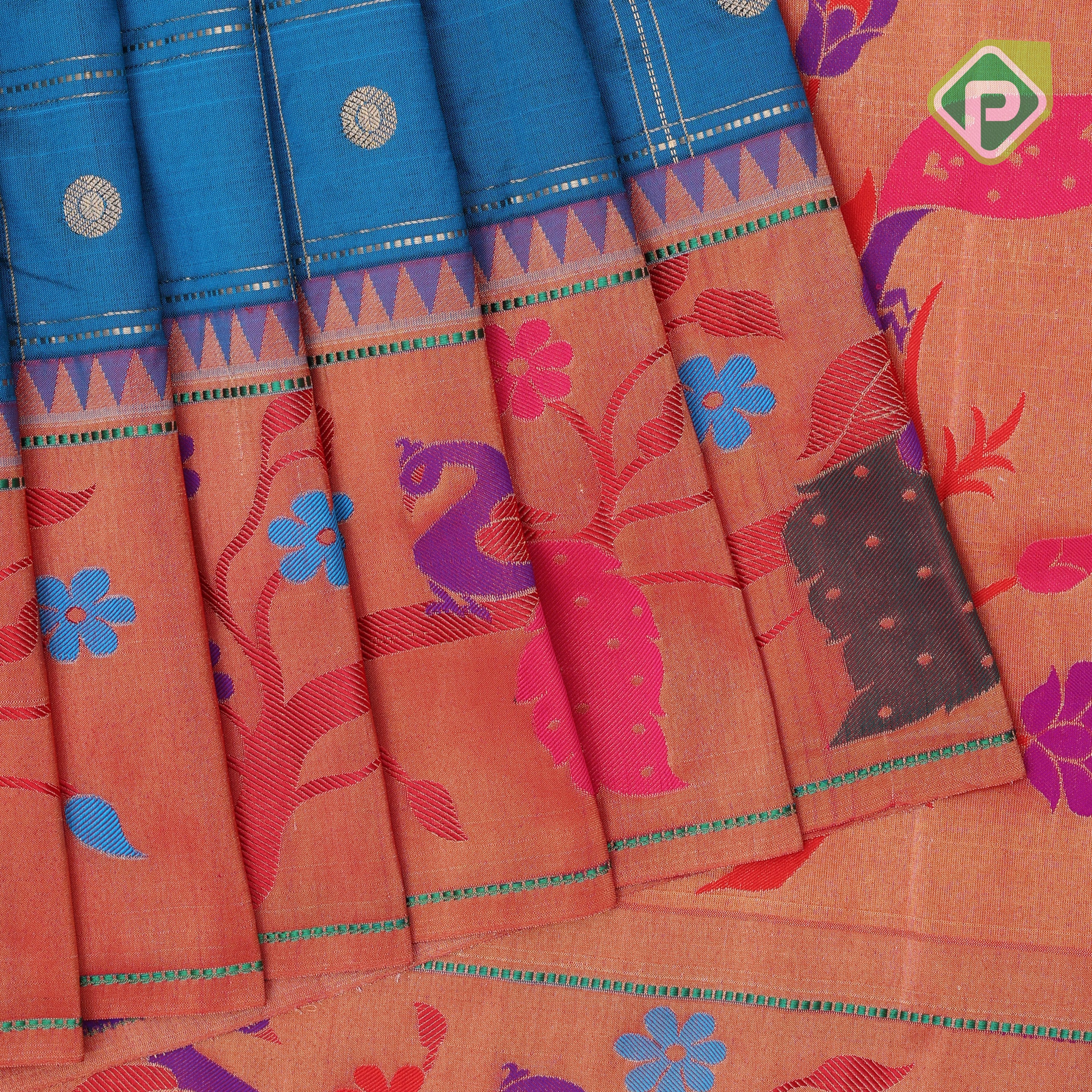 teal Blue gold zari double check flower butta Red gold zari pythonic border banaras style silk saree