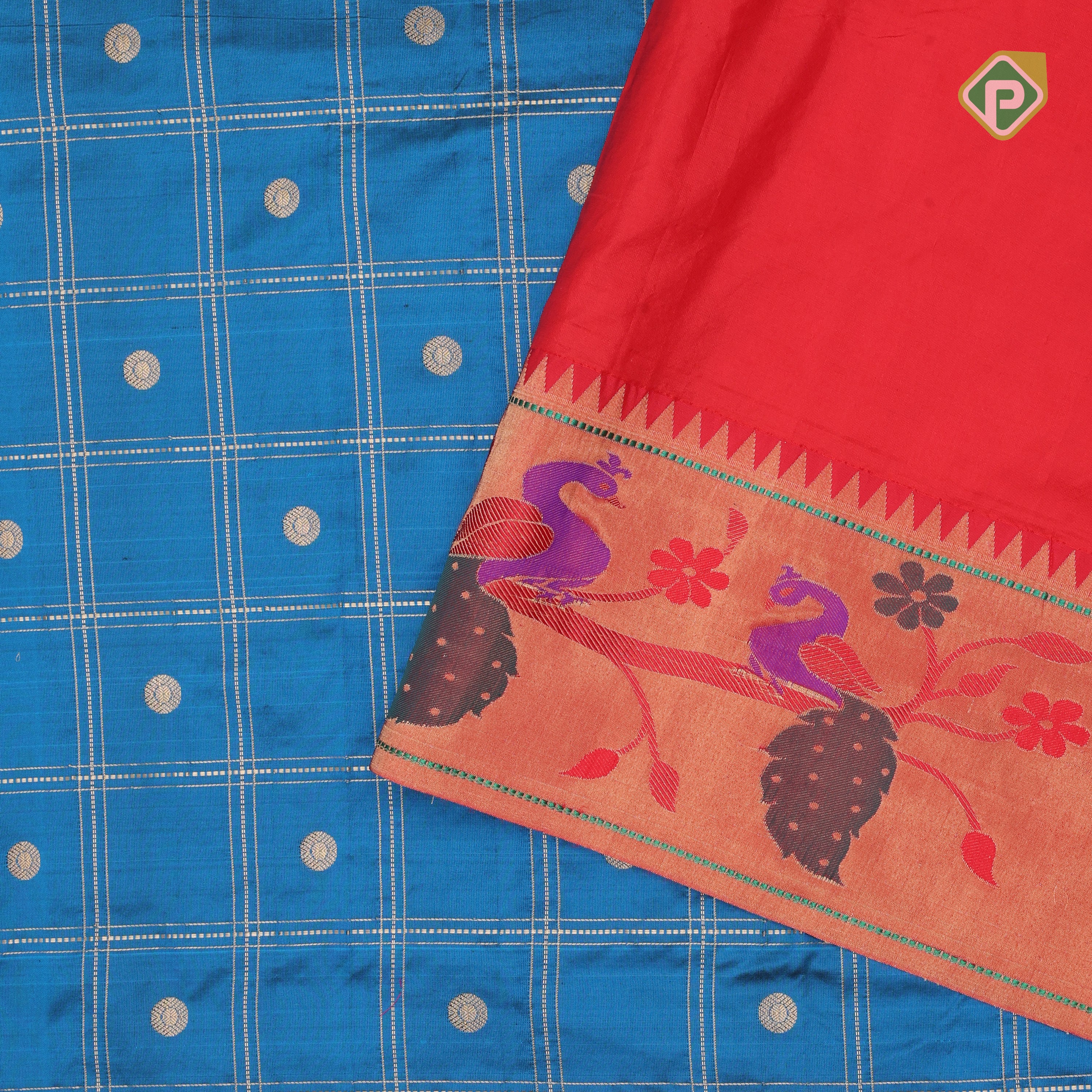 teal Blue gold zari double check flower butta Red gold zari pythonic border banaras style silk saree