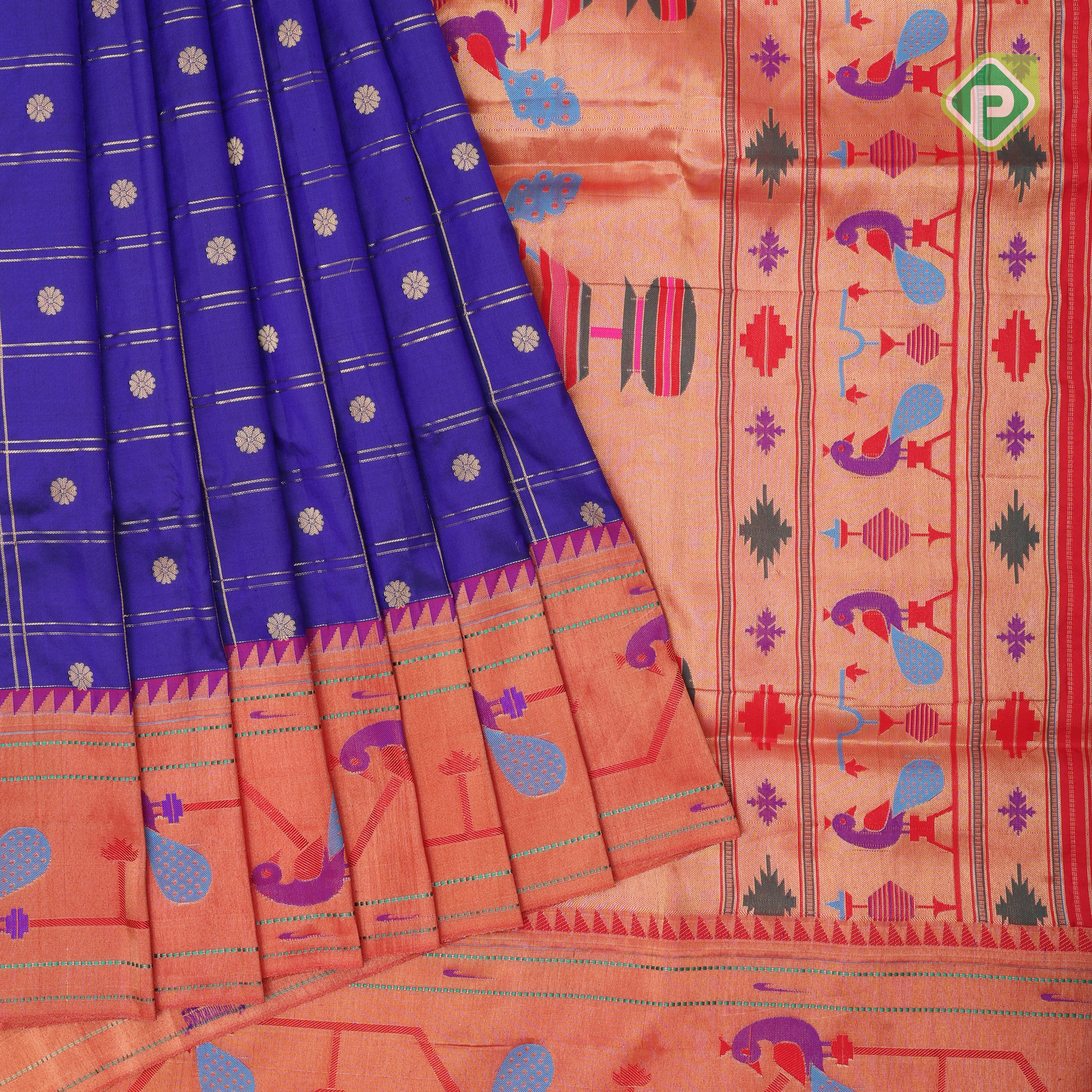 Indigo blue gold zari double check flower butta Red gold zari pythonic border banaras style silk saree