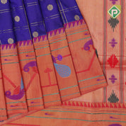 Indigo blue gold zari double check flower butta Red gold zari pythonic border banaras style silk saree