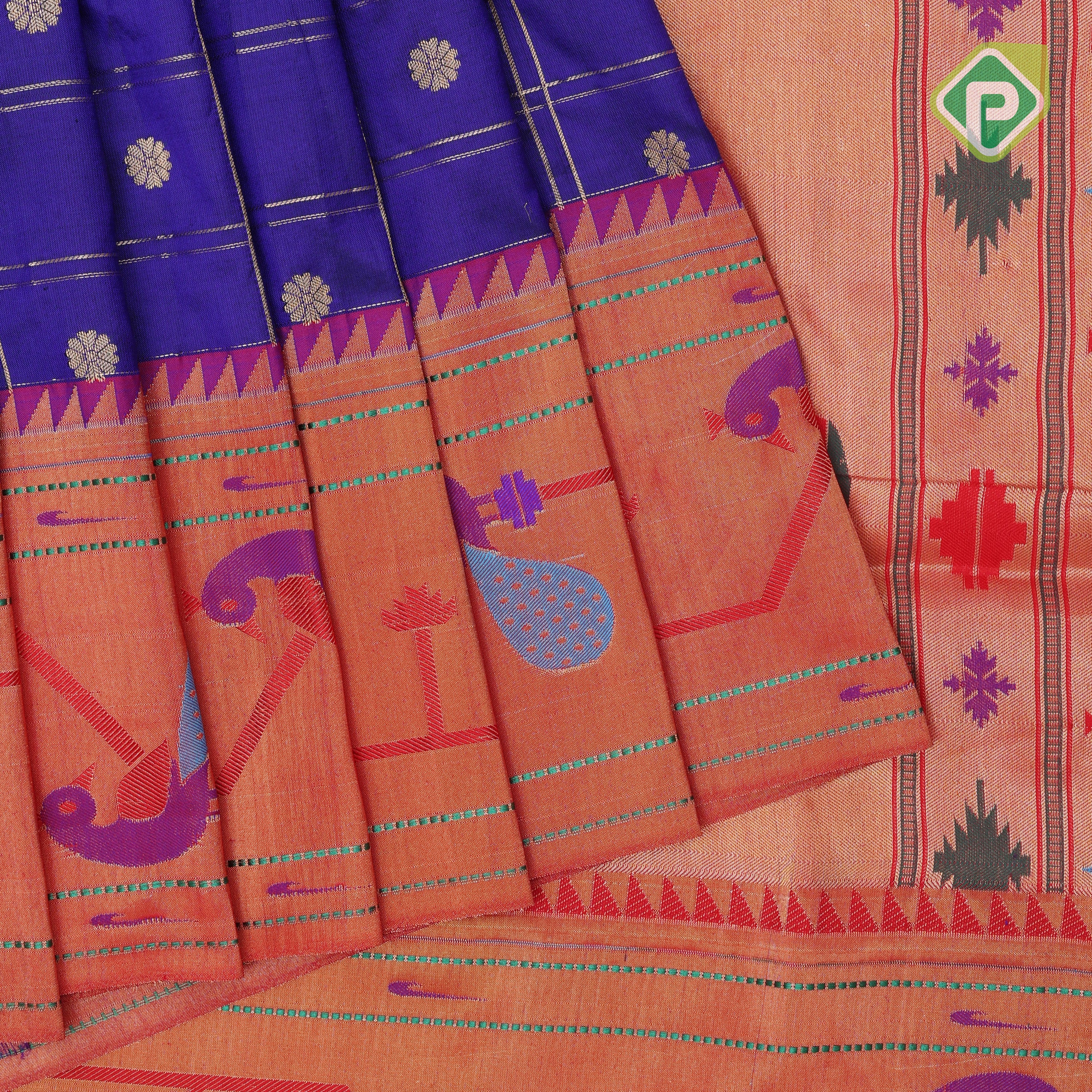 Indigo blue gold zari double check flower butta Red gold zari pythonic border banaras style silk saree