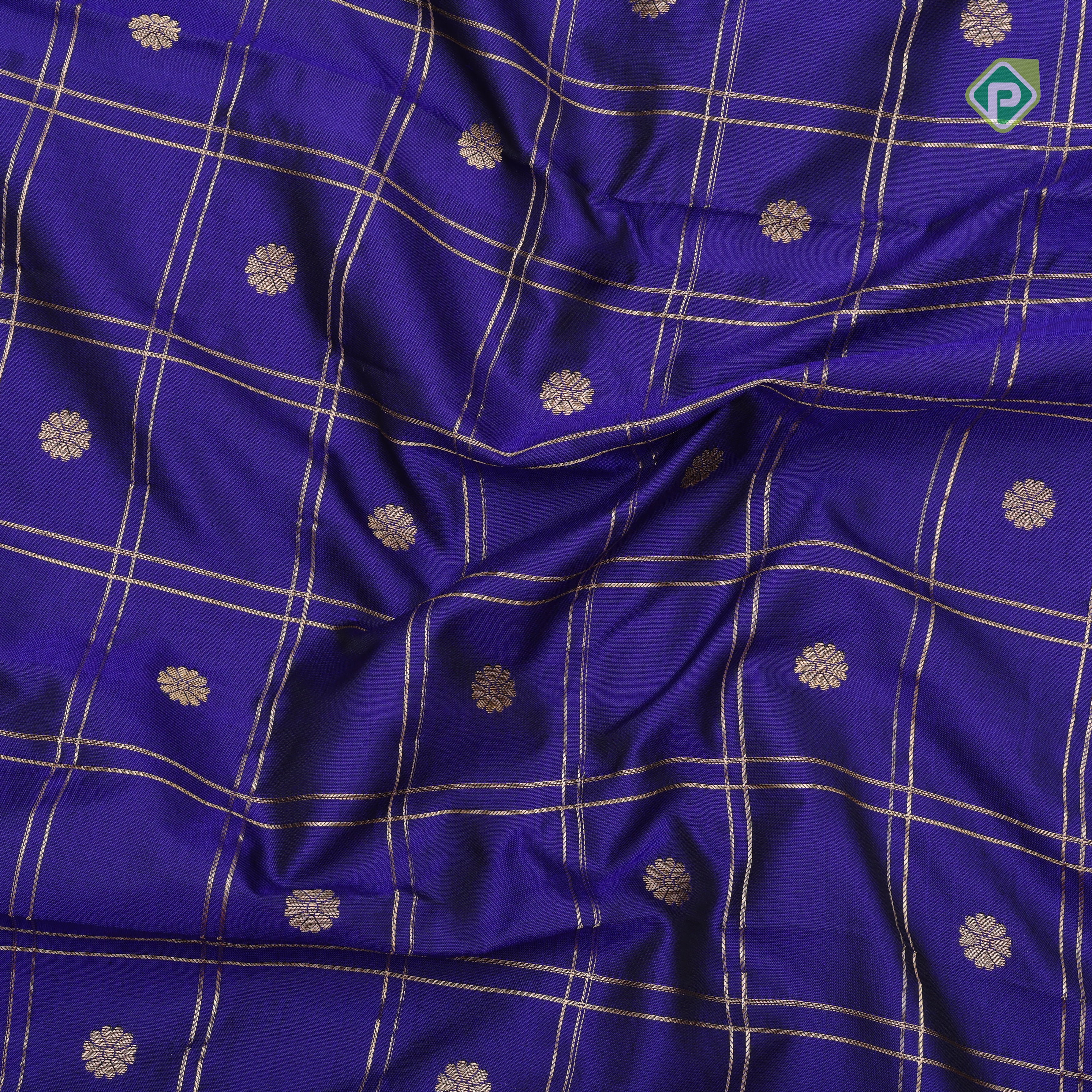 Indigo blue gold zari double check flower butta Red gold zari pythonic border banaras style silk saree