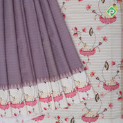 Creamy brown gold zari vairaoosi checkered contrast cream white floral digital print border silk saree