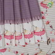 Creamy brown gold zari vairaoosi checkered contrast cream white floral digital print border silk saree