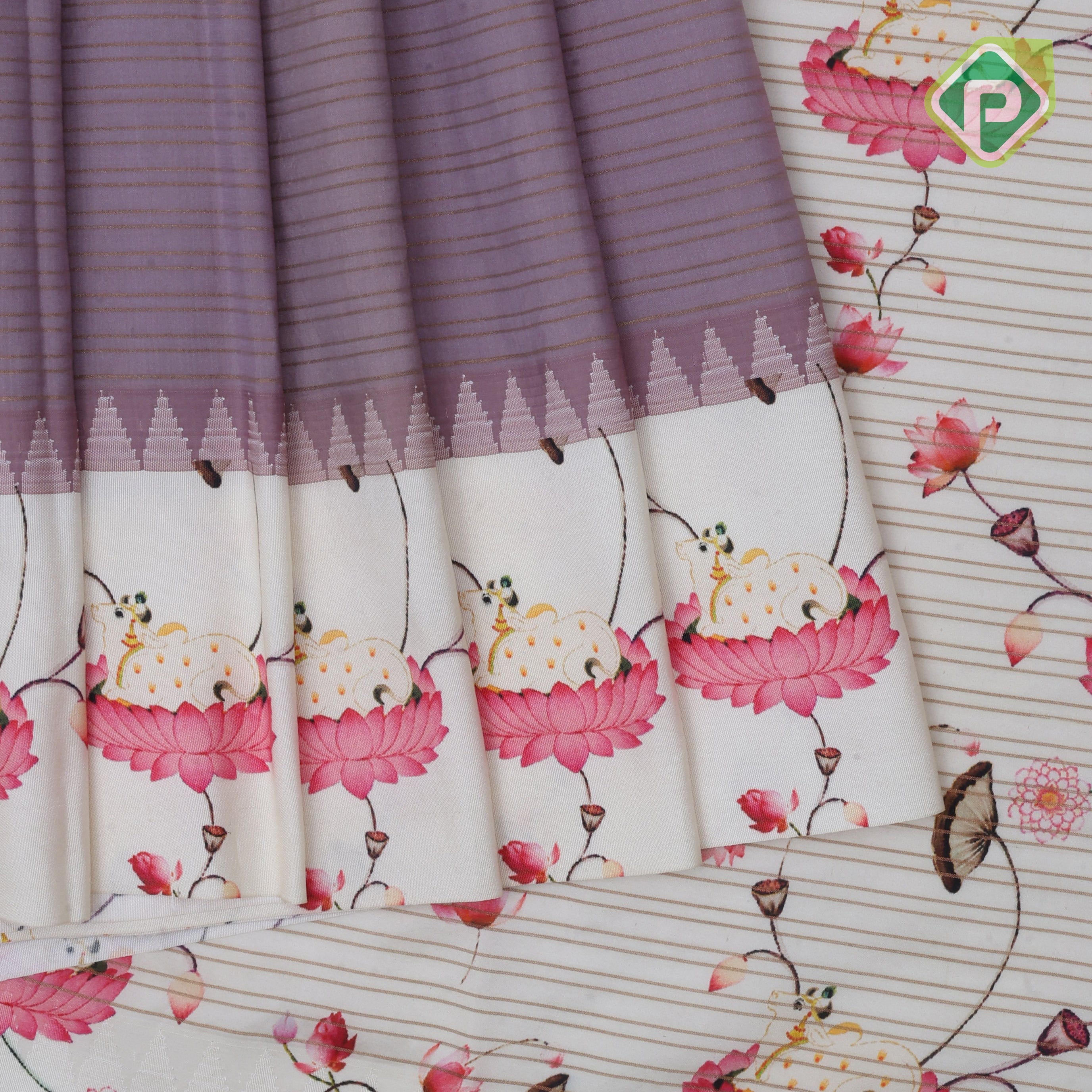 Creamy brown gold zari vairaoosi checkered contrast cream white floral digital print border silk saree