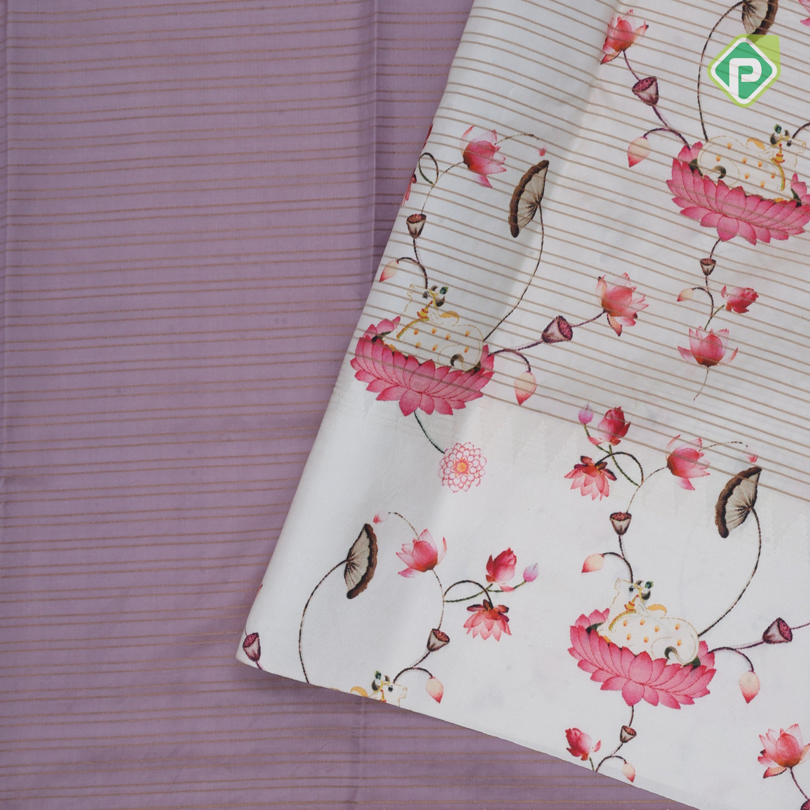 Creamy brown gold zari vairaoosi checkered contrast cream white floral digital print border silk saree