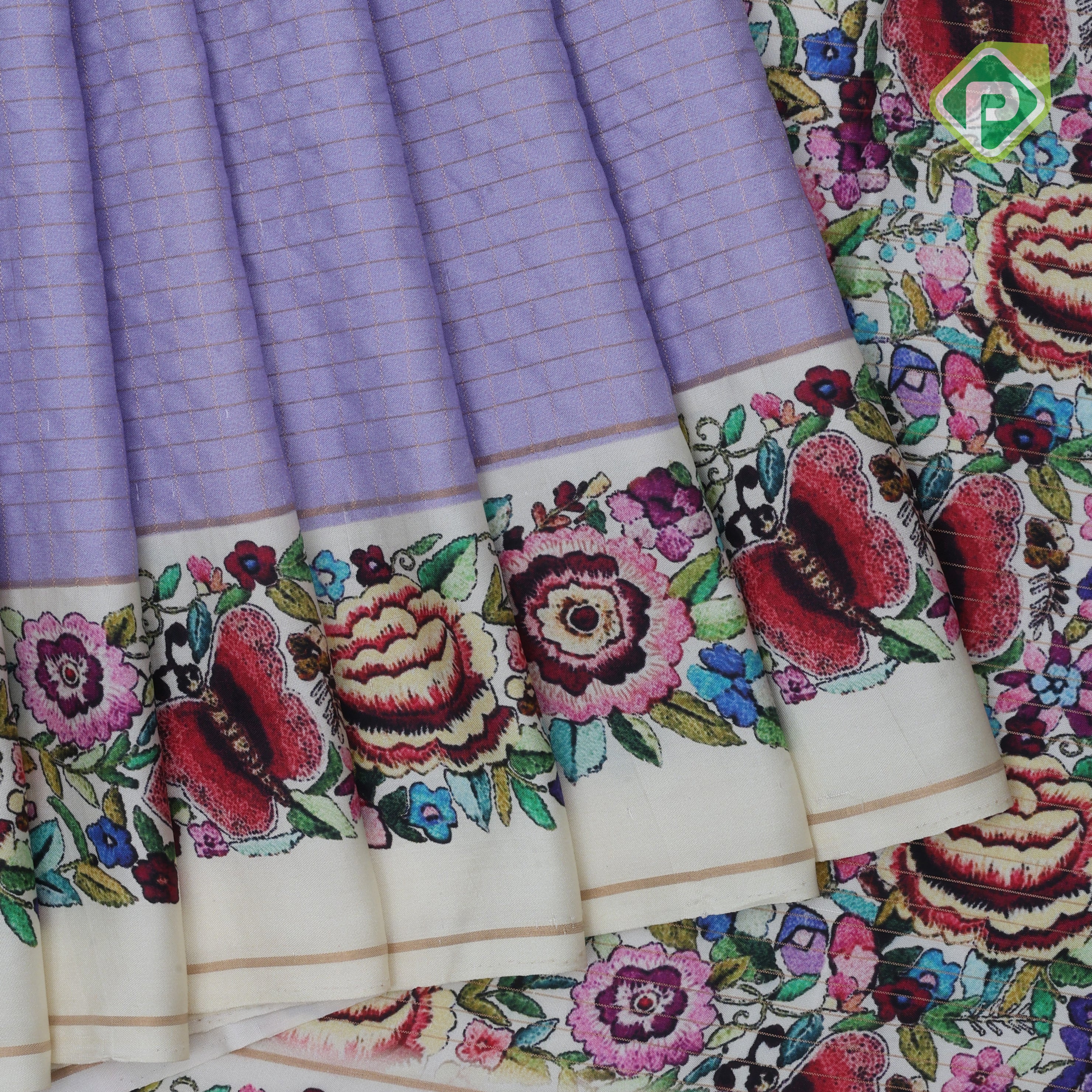Lavender gold zari vairaoosi checkered contrast cream white floral digital print border silk saree