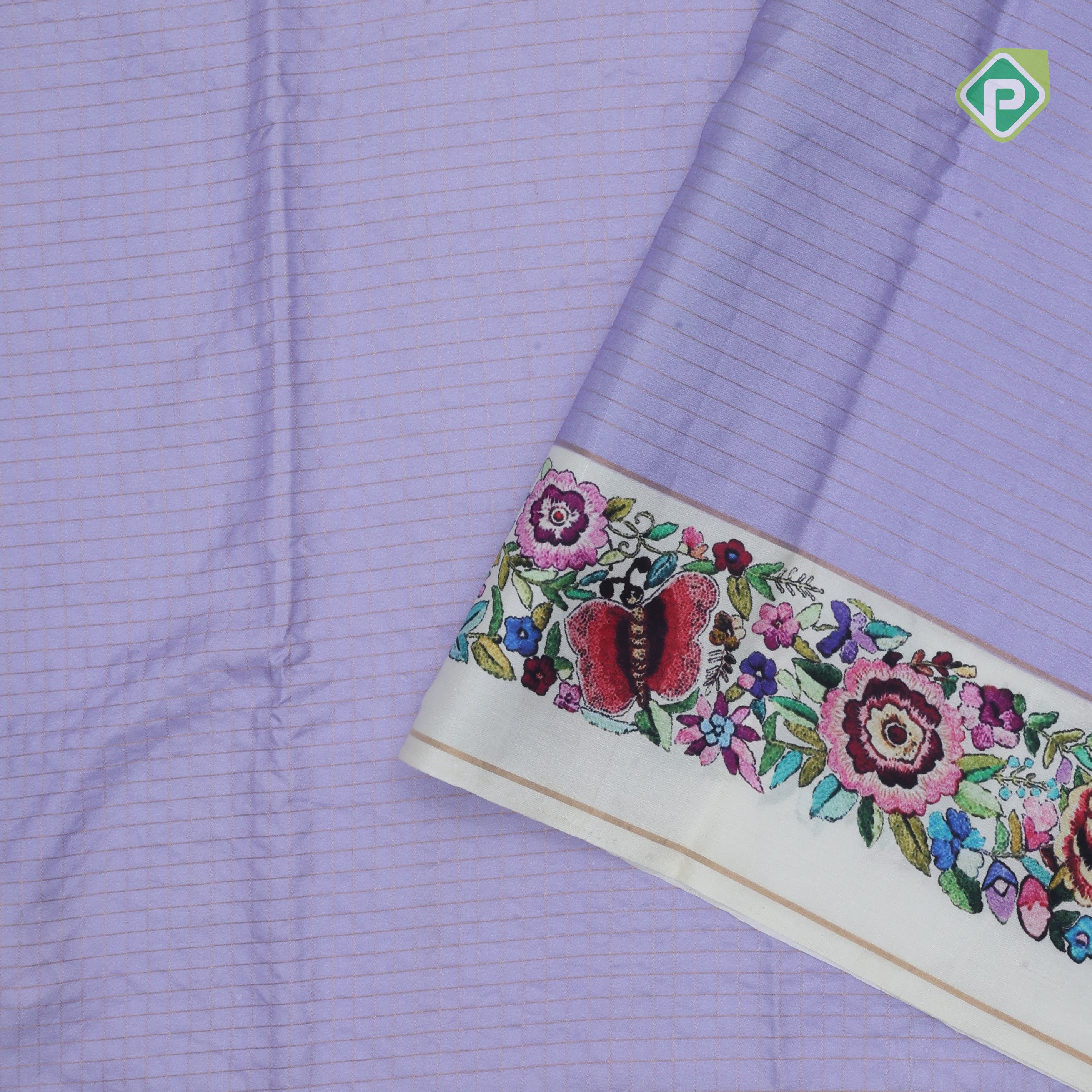 Lavender gold zari vairaoosi checkered contrast cream white floral digital print border silk saree