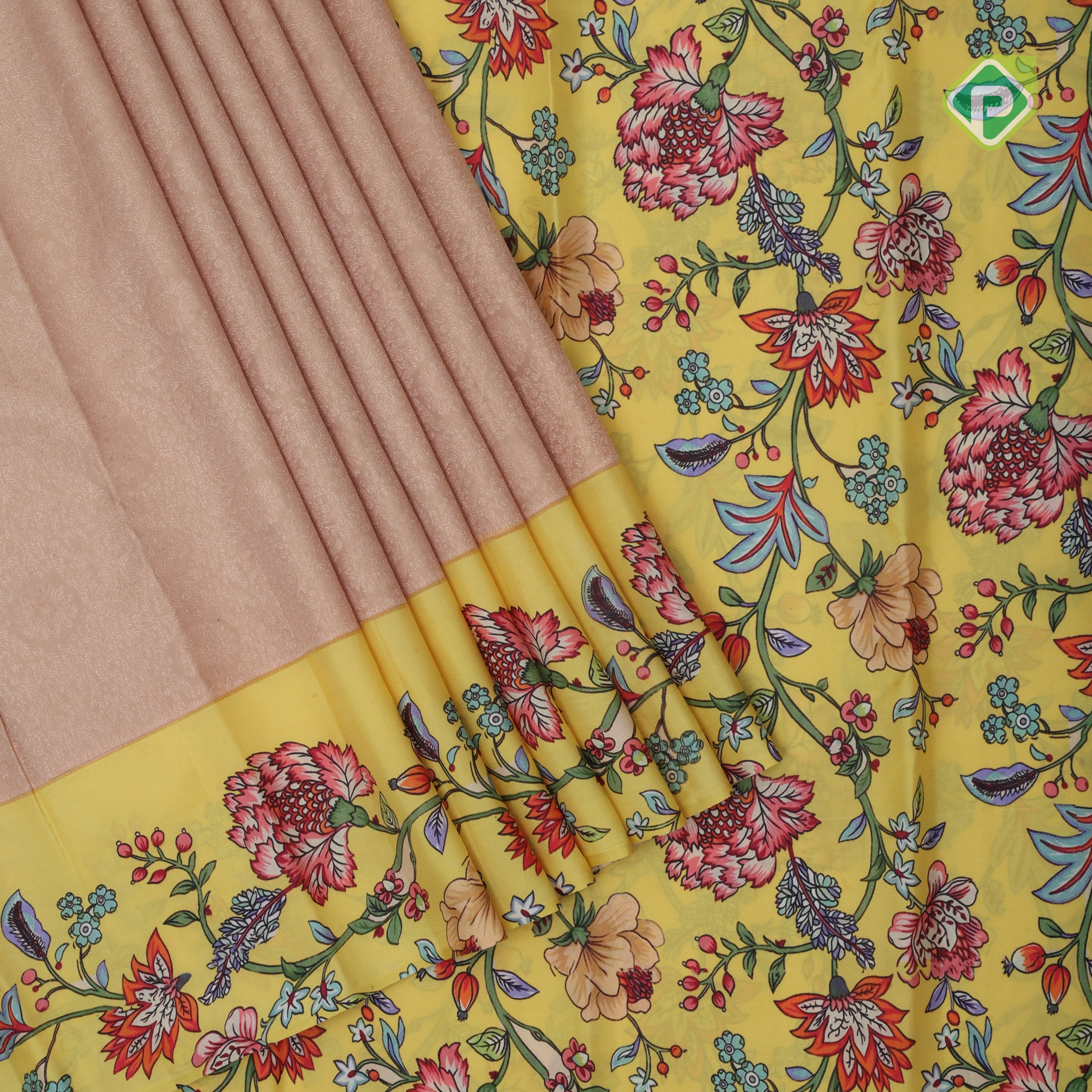 peach silver copper zari grand floral design contrast yellow floral digital print border silk saree