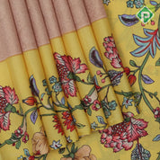 peach silver copper zari grand floral design contrast yellow floral digital print border silk saree