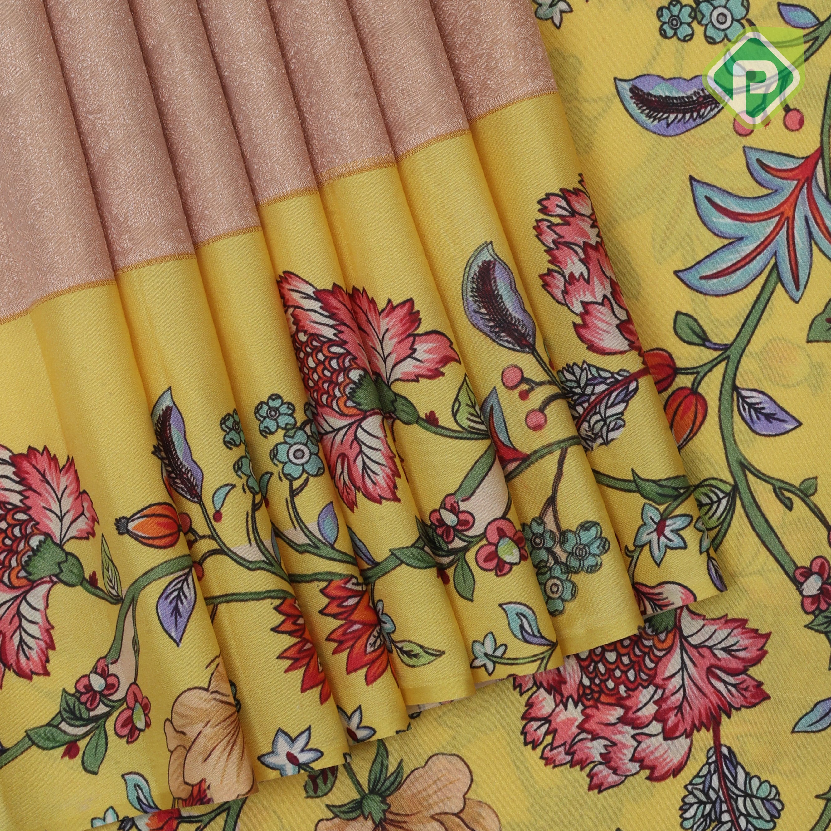 peach silver copper zari grand floral design contrast yellow floral digital print border silk saree