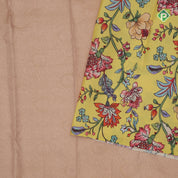 peach silver copper zari grand floral design contrast yellow floral digital print border silk saree