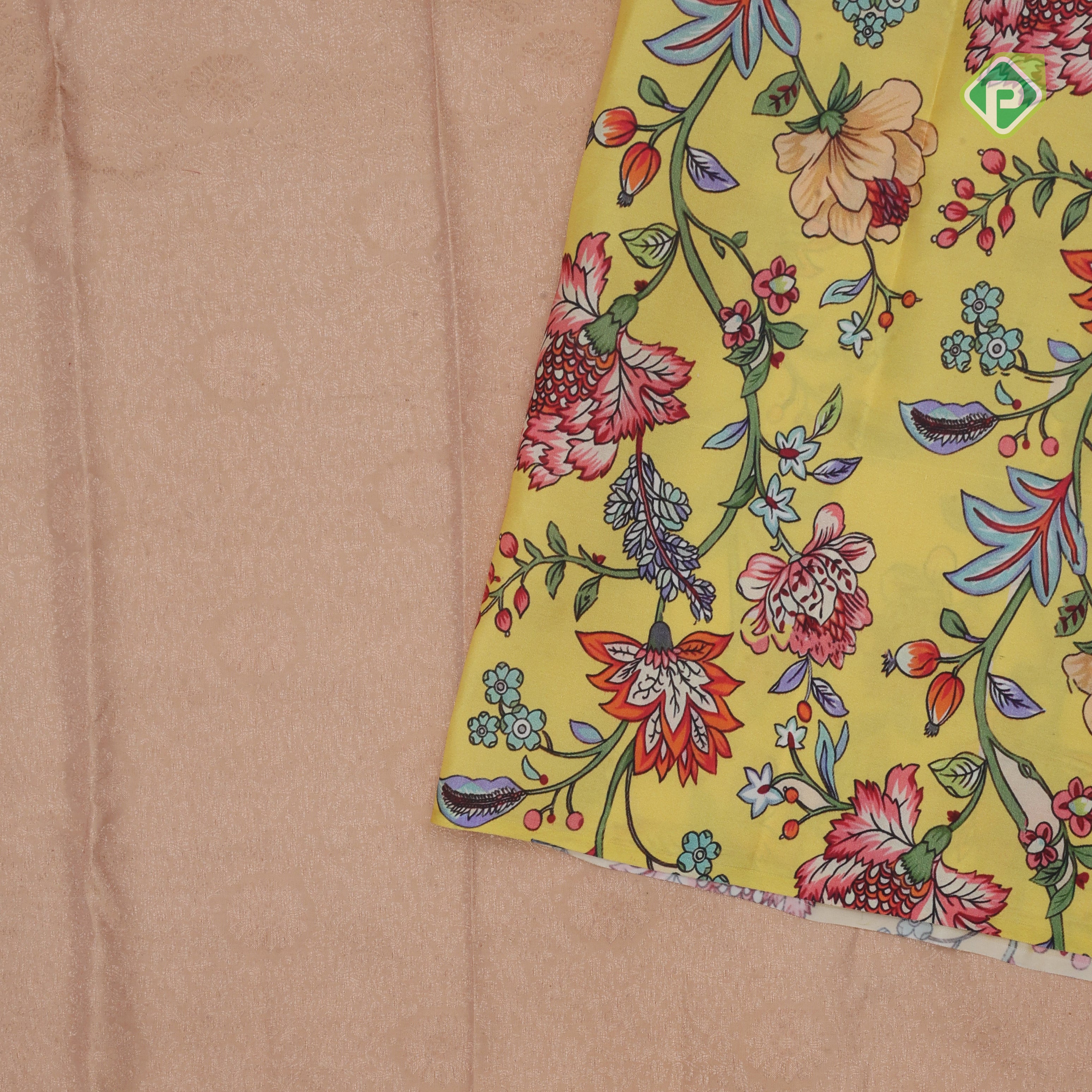 peach silver copper zari grand floral design contrast yellow floral digital print border silk saree