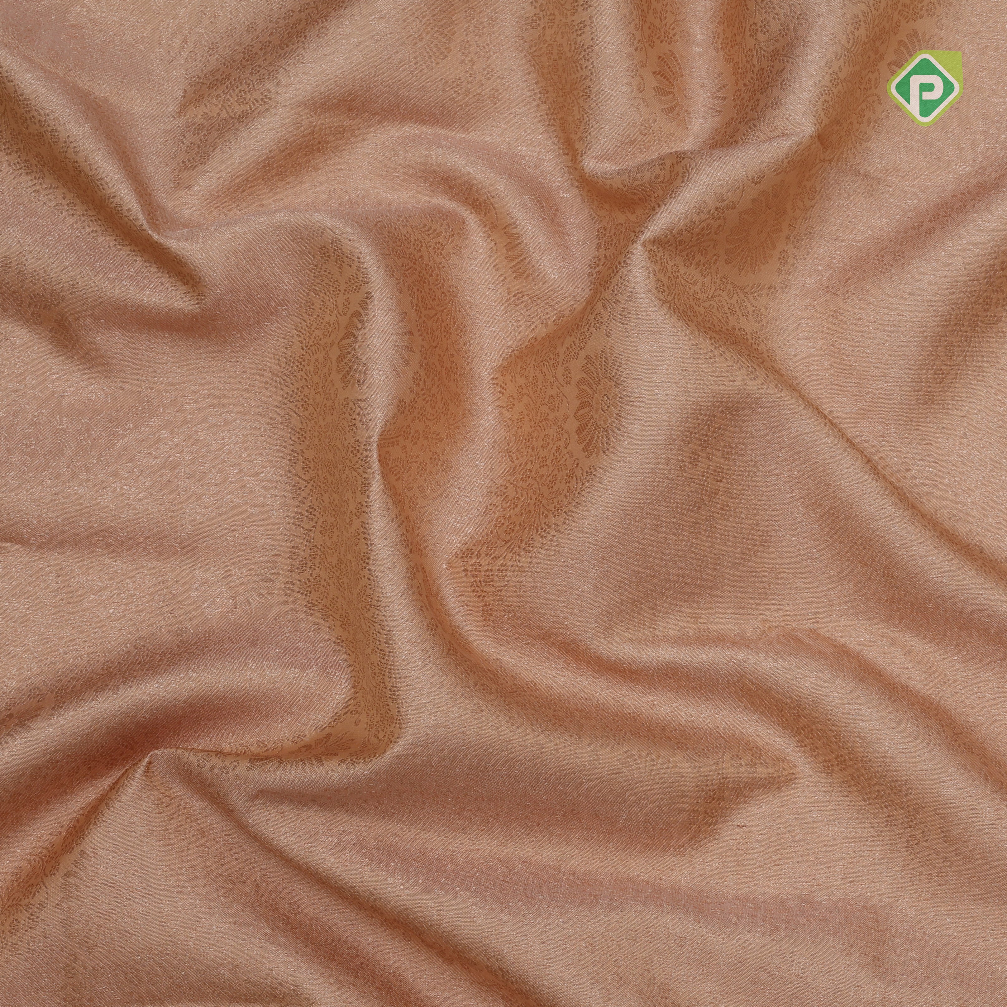 peach silver copper zari grand floral design contrast yellow floral digital print border silk saree