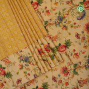 Mustard yellow silver zari grand floral creamy sandal floral digital print border silk saree