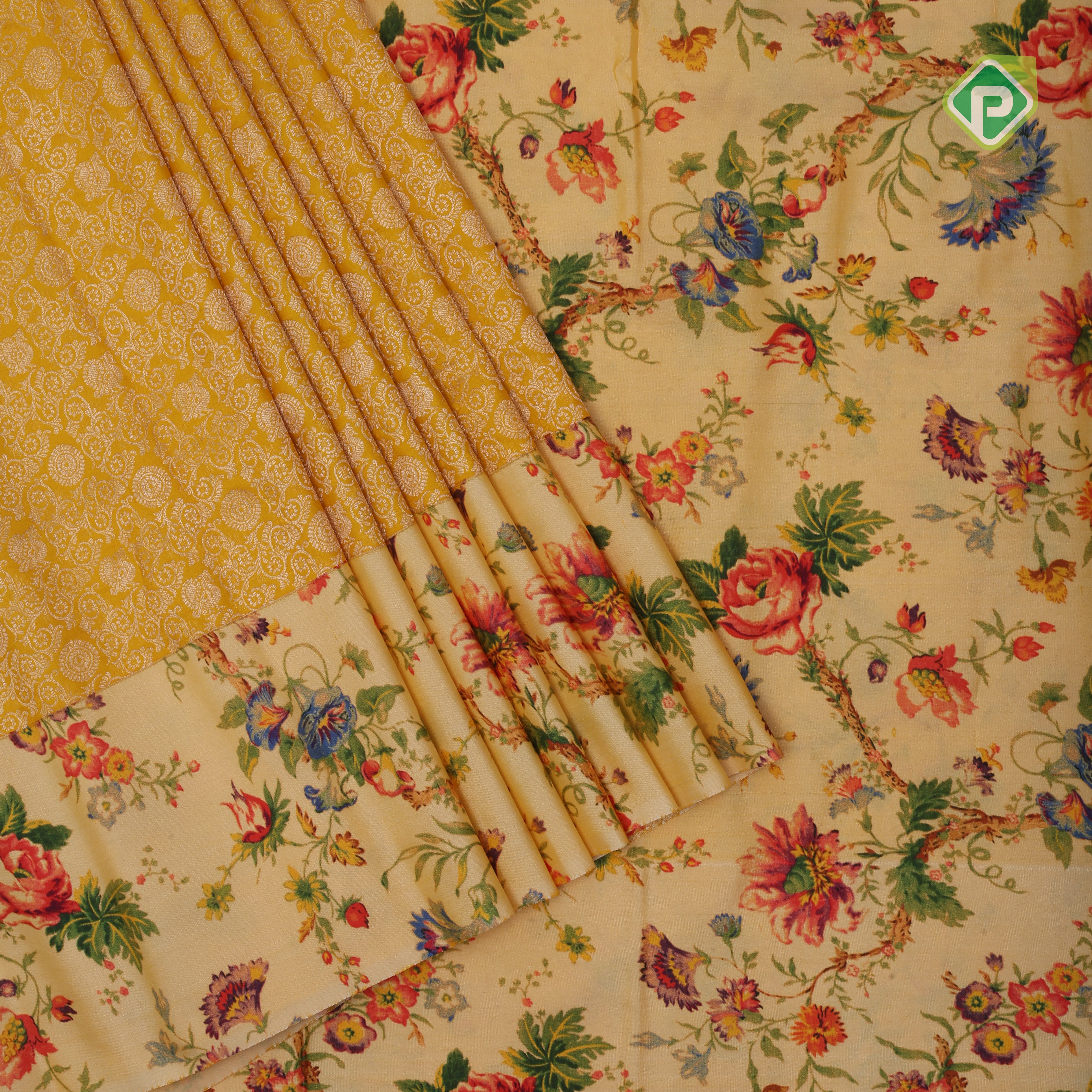 Mustard yellow silver zari grand floral creamy sandal floral digital print border silk saree