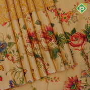 Mustard yellow silver zari grand floral creamy sandal floral digital print border silk saree