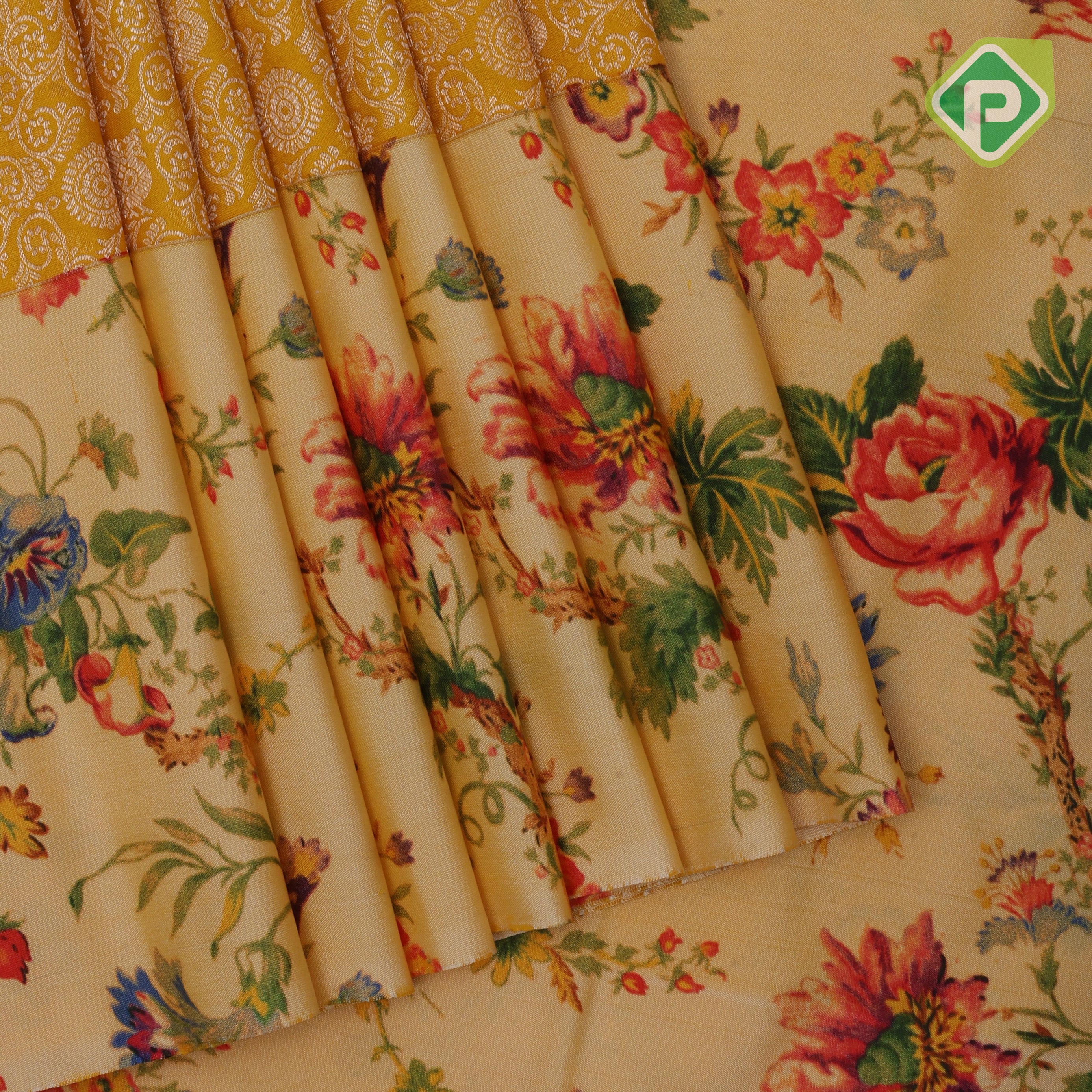 Mustard yellow silver zari grand floral creamy sandal floral digital print border silk saree