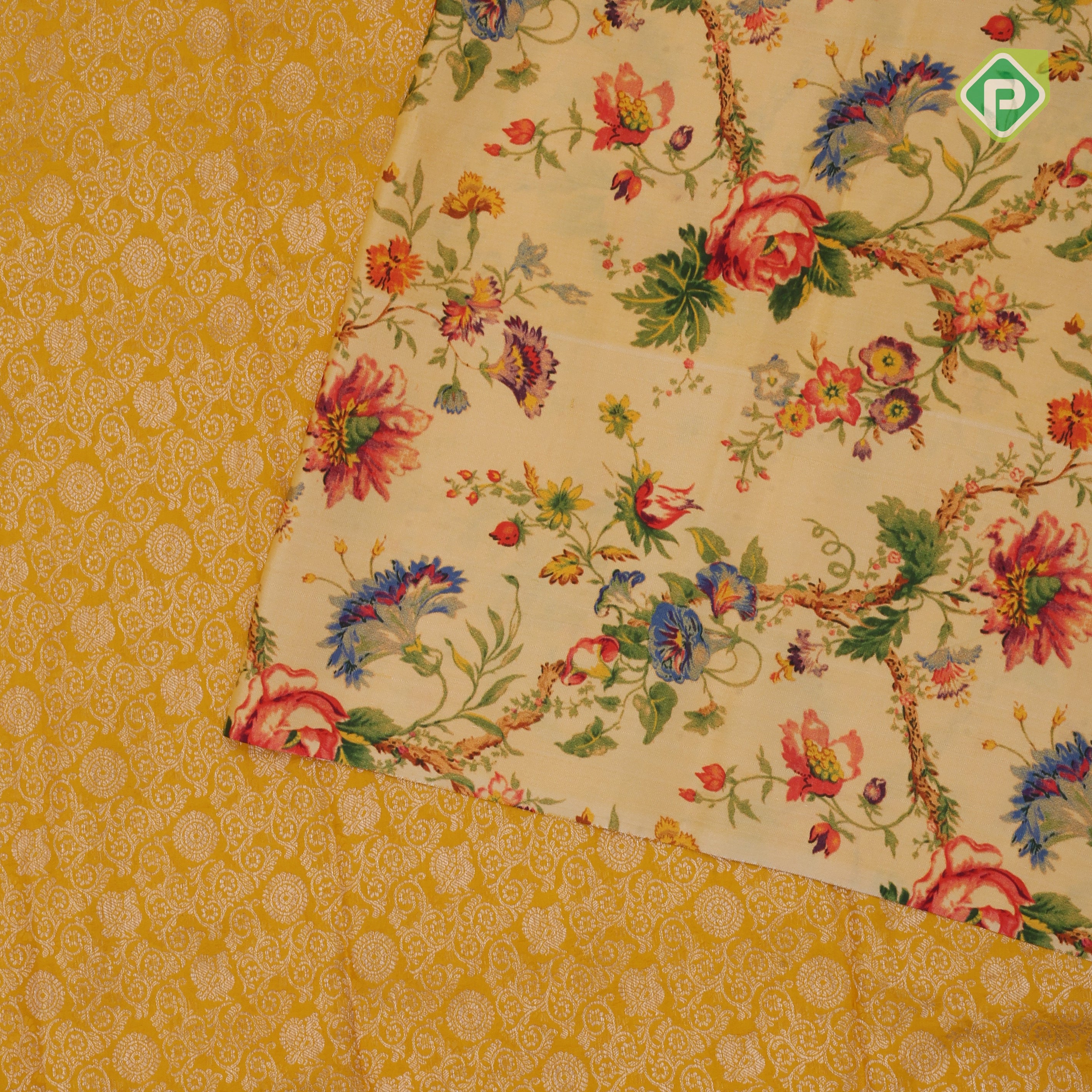 Mustard yellow silver zari grand floral creamy sandal floral digital print border silk saree