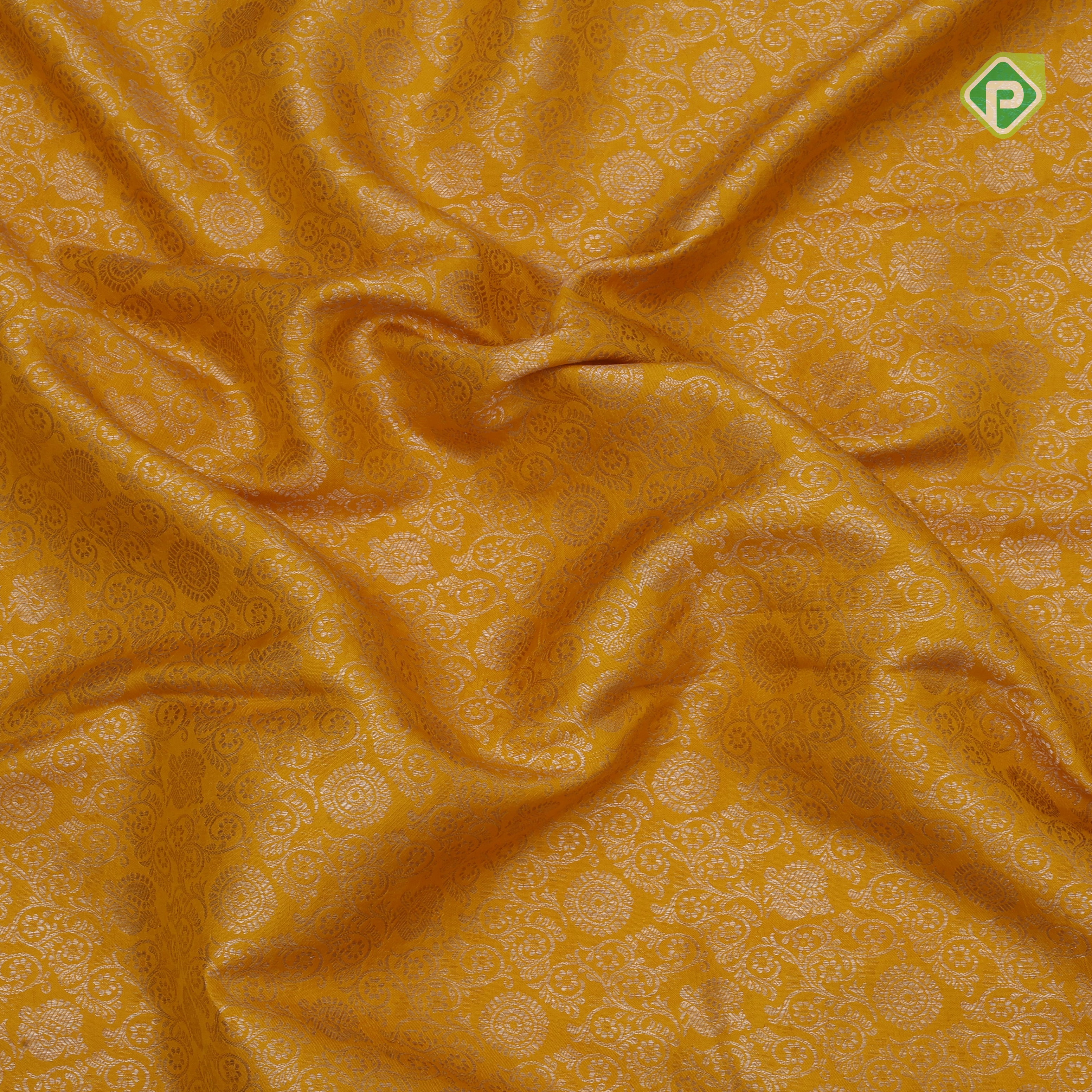 Mustard yellow silver zari grand floral creamy sandal floral digital print border silk saree