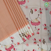 Peach pink gold zari vairaoosi lines contrast cream white floral digital print border silk saree
