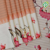 Peach pink gold zari vairaoosi lines contrast cream white floral digital print border silk saree