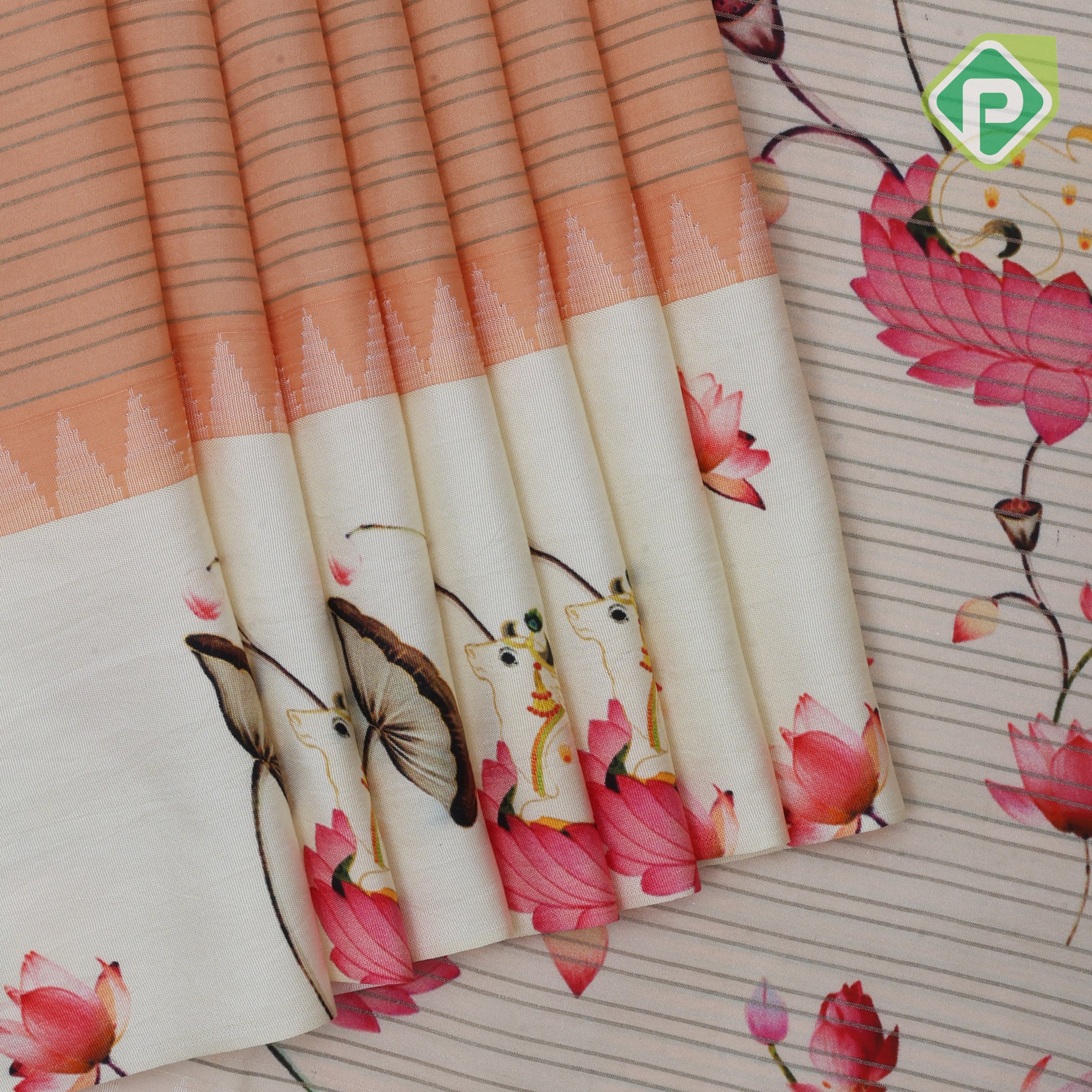 Peach pink gold zari vairaoosi lines contrast cream white floral digital print border silk saree