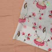 Peach pink gold zari vairaoosi lines contrast cream white floral digital print border silk saree