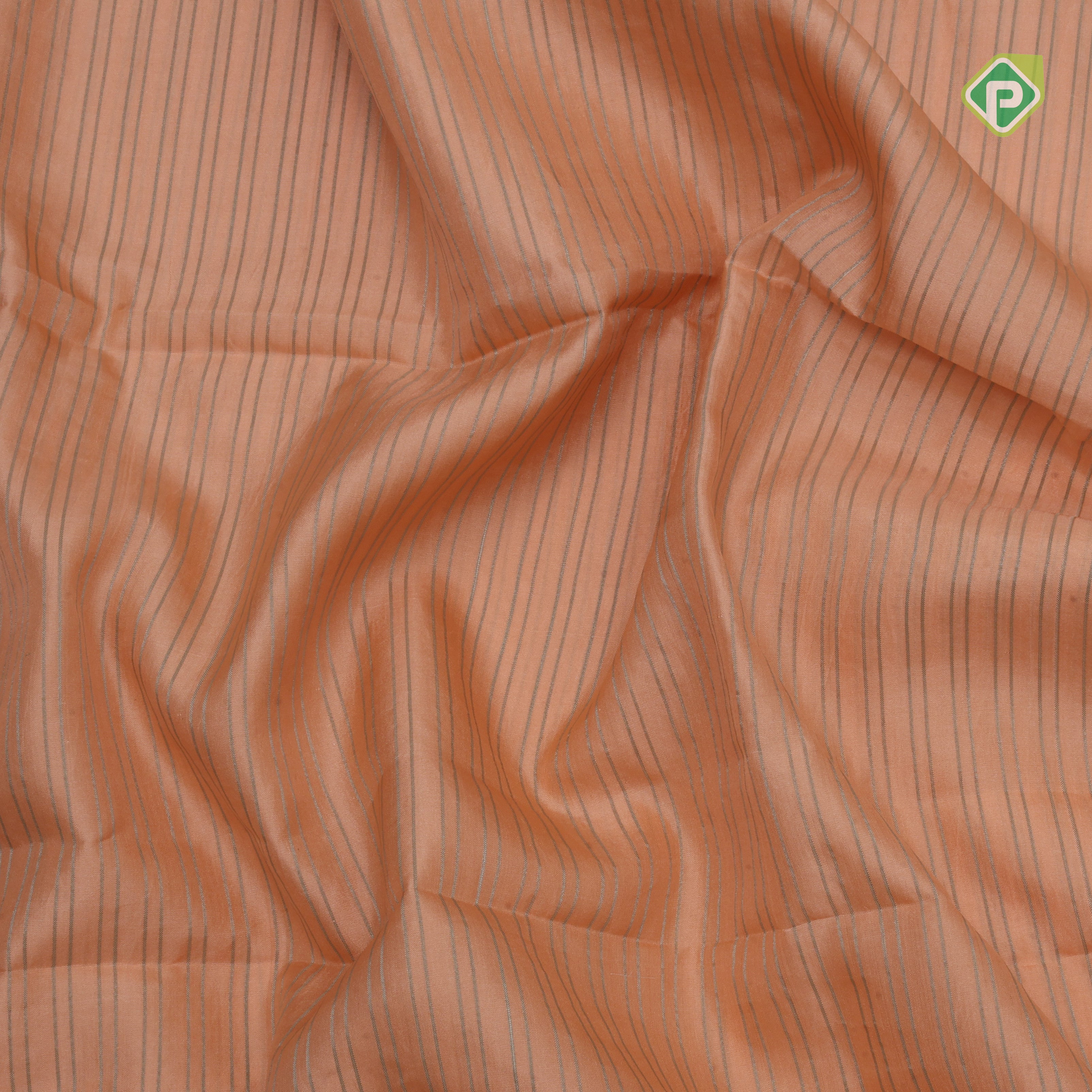 Peach pink gold zari vairaoosi lines contrast cream white floral digital print border silk saree