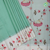 Safire green gold zari vairaoosi lines contrast cream white floral digital print border silk saree