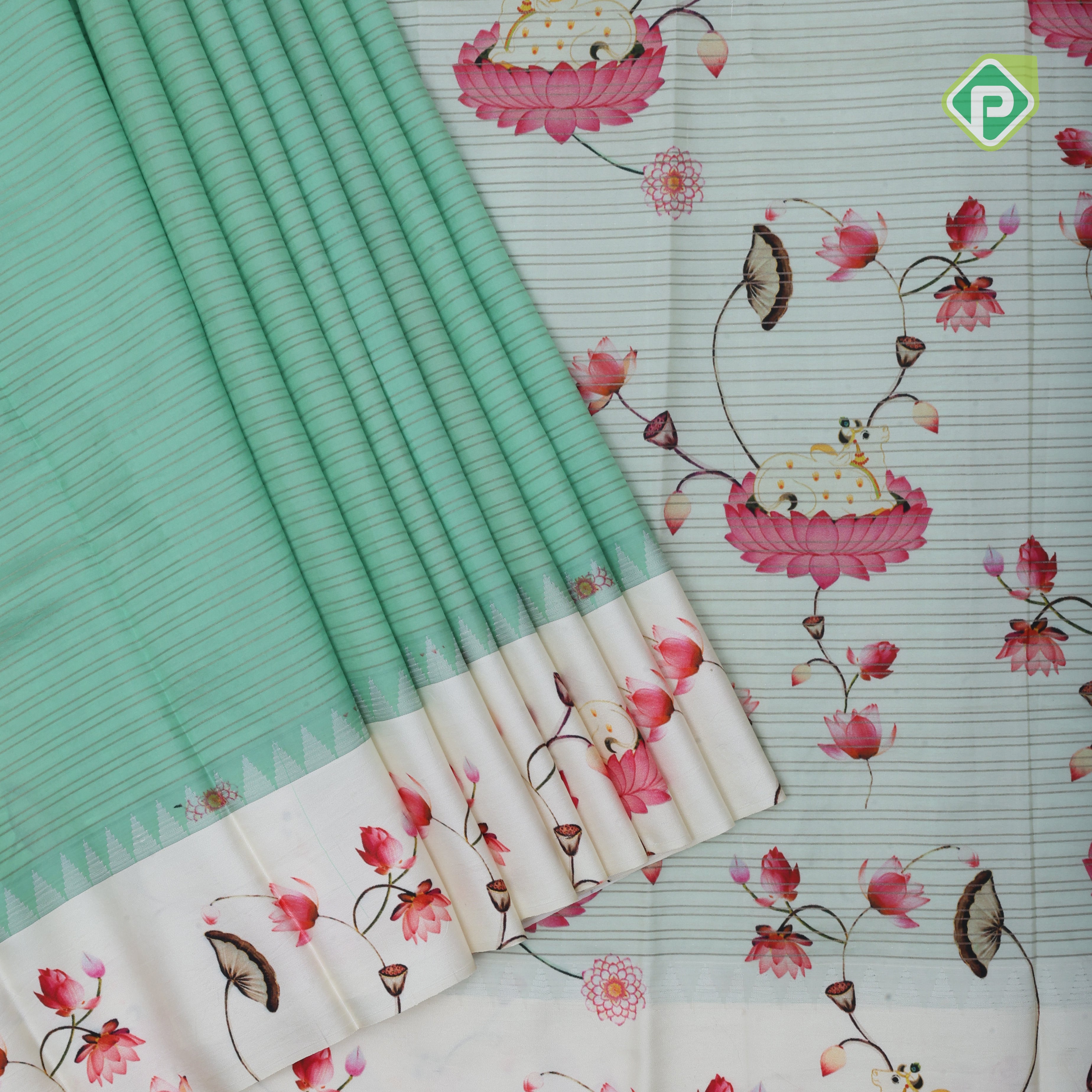 Safire green gold zari vairaoosi lines contrast cream white floral digital print border silk saree