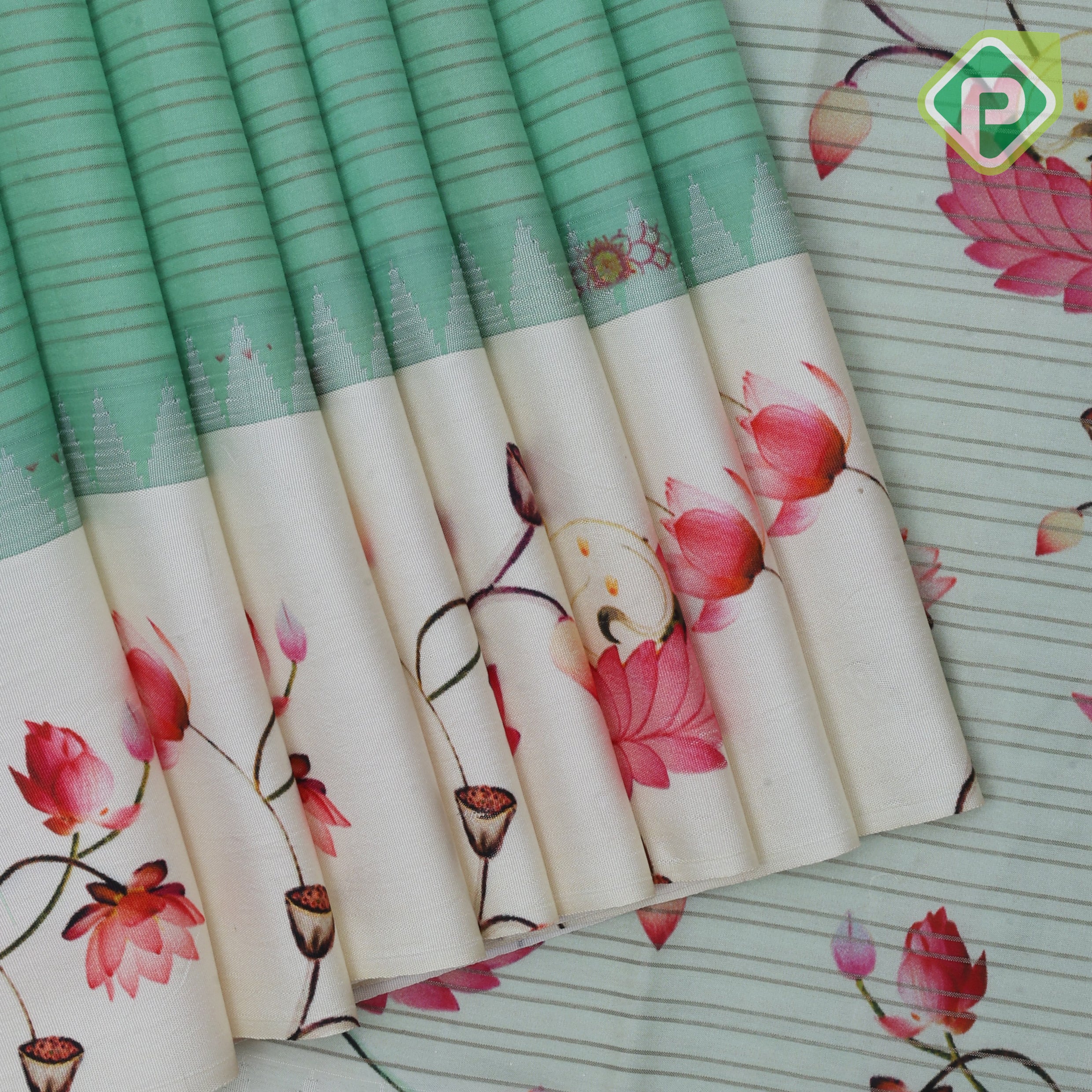 Safire green gold zari vairaoosi lines contrast cream white floral digital print border silk saree