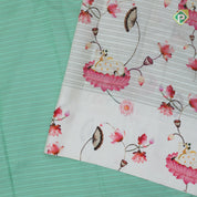 Safire green gold zari vairaoosi lines contrast cream white floral digital print border silk saree