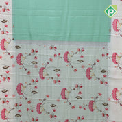 Safire green gold zari vairaoosi lines contrast cream white floral digital print border silk saree