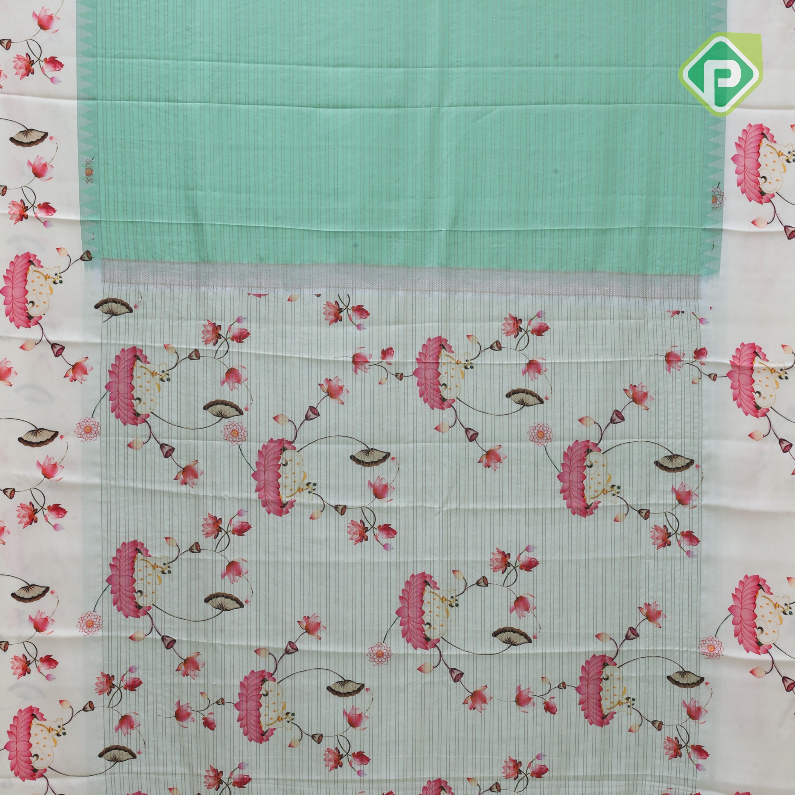 Safire green gold zari vairaoosi lines contrast cream white floral digital print border silk saree