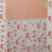 Peach pink gold zari vairaoosi lines contrast cream white floral digital print border silk saree