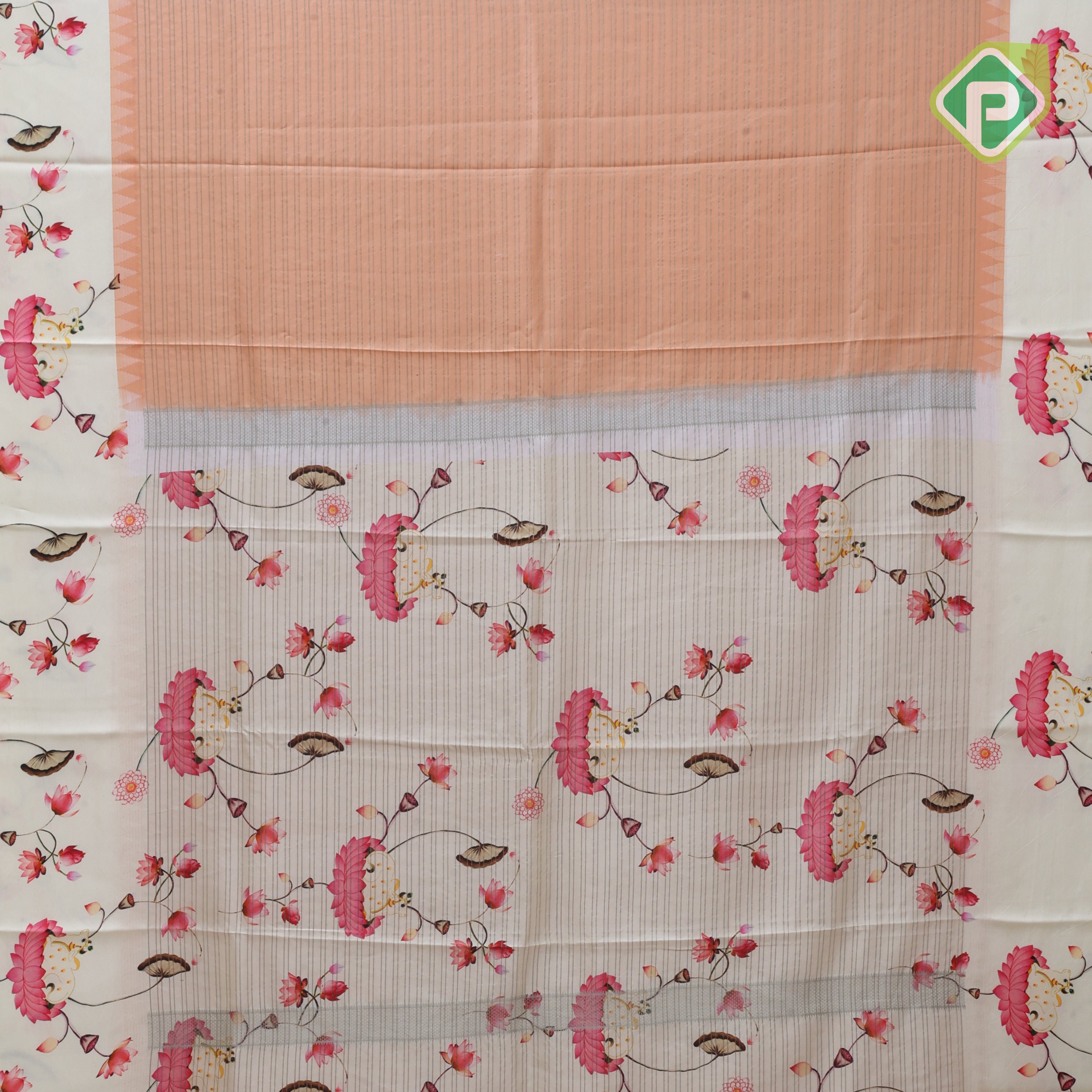 Peach pink gold zari vairaoosi lines contrast cream white floral digital print border silk saree