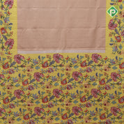 peach silver copper zari grand floral design contrast yellow floral digital print border silk saree